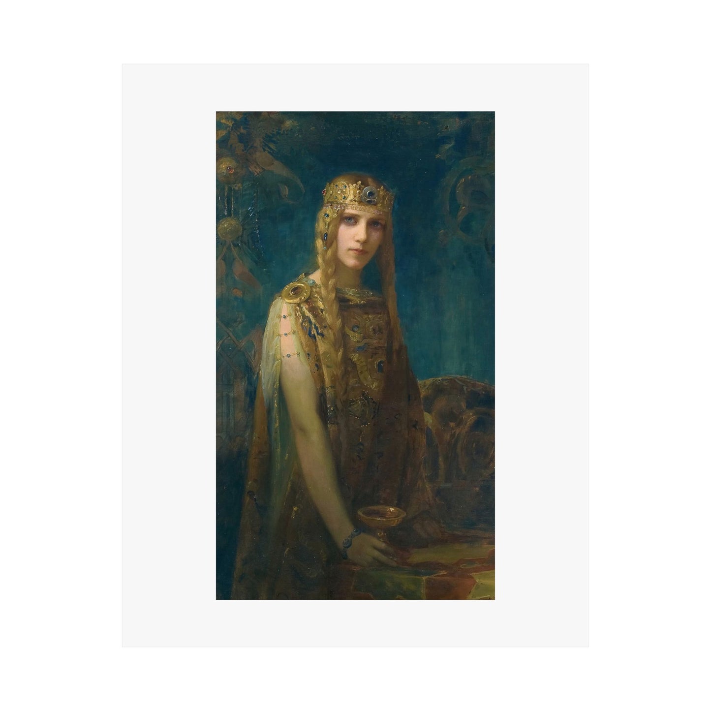 a painting of a woman in a gold dress