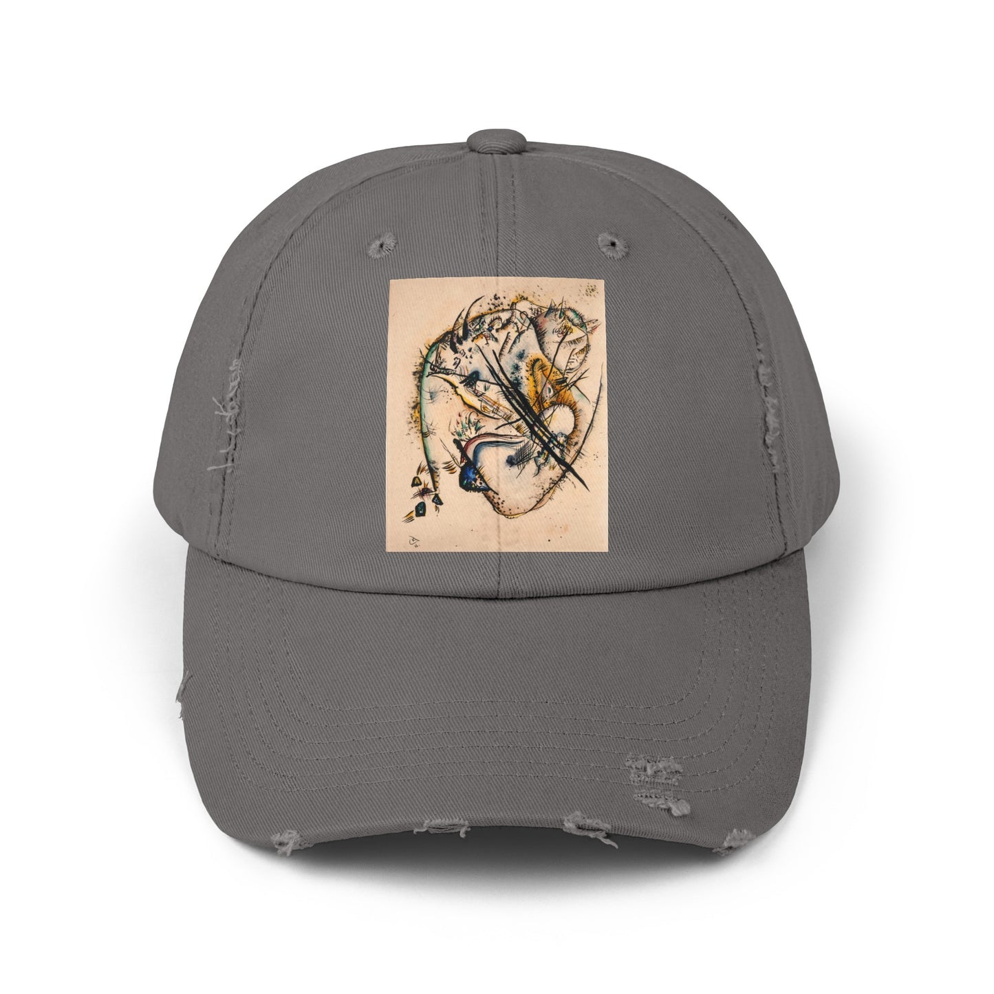 a gray hat with a picture of a bird on it