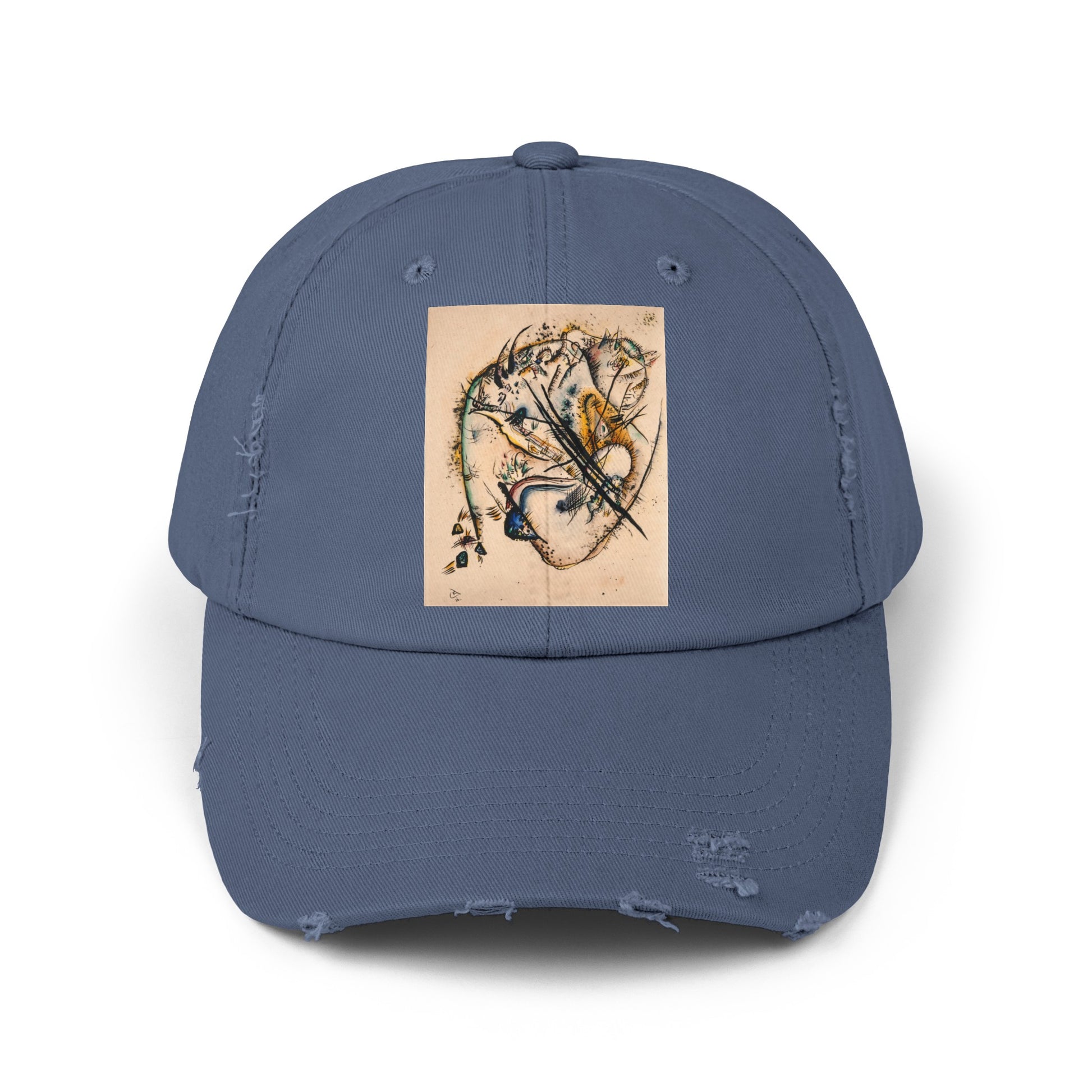 a blue hat with a picture of a bird on it