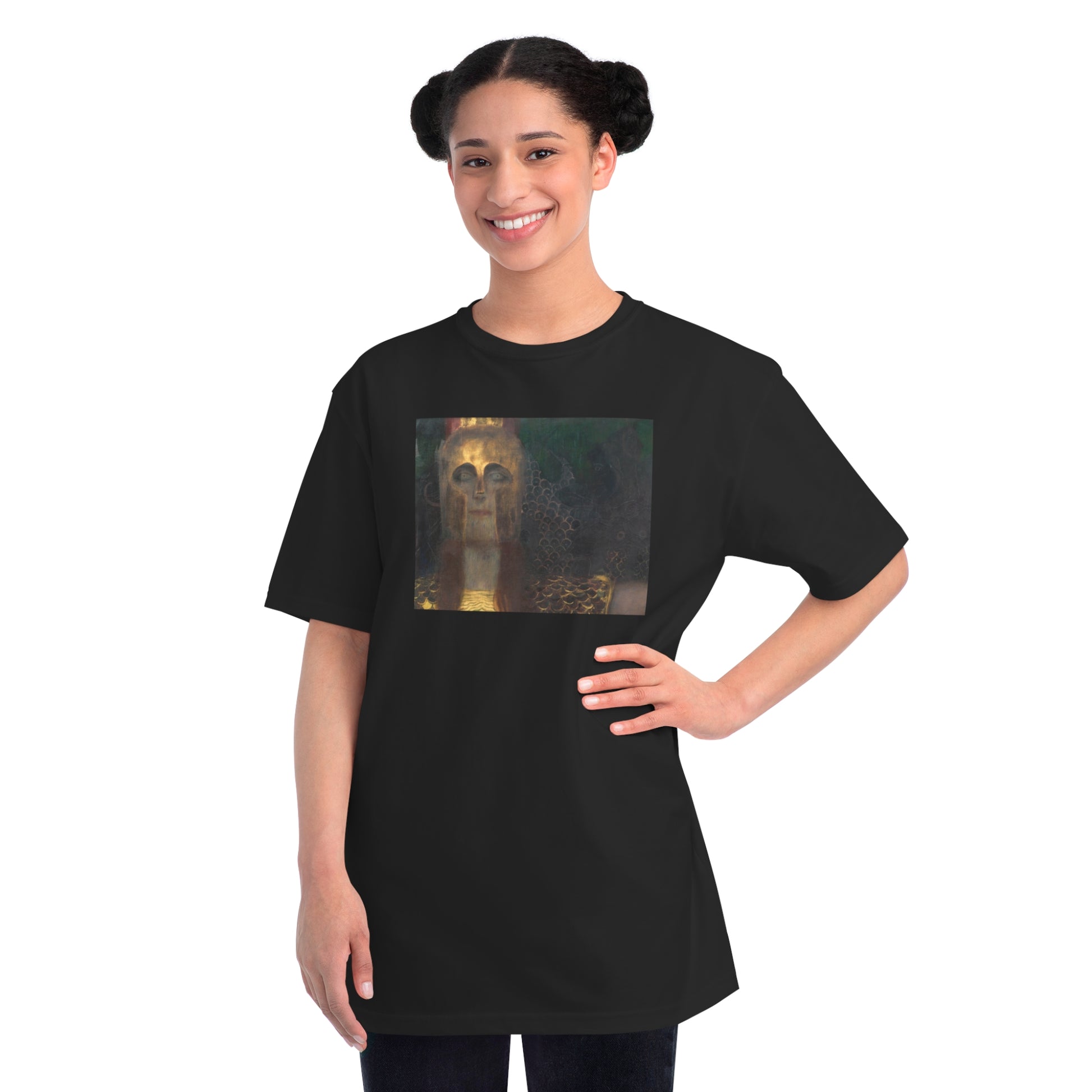 a woman wearing a black t - shirt with a picture of a dog on it