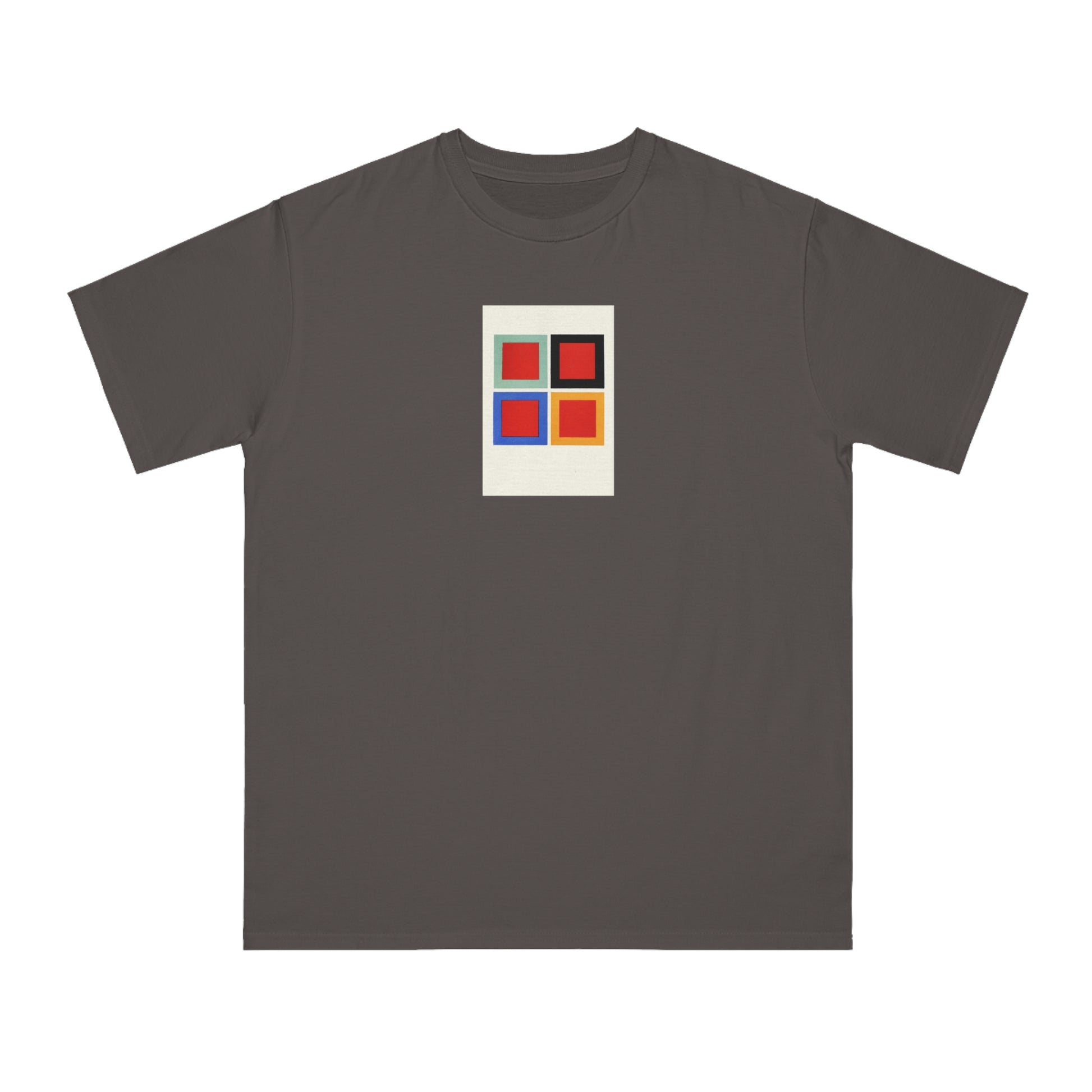 a gray t - shirt with a red, yellow, and blue square on it
