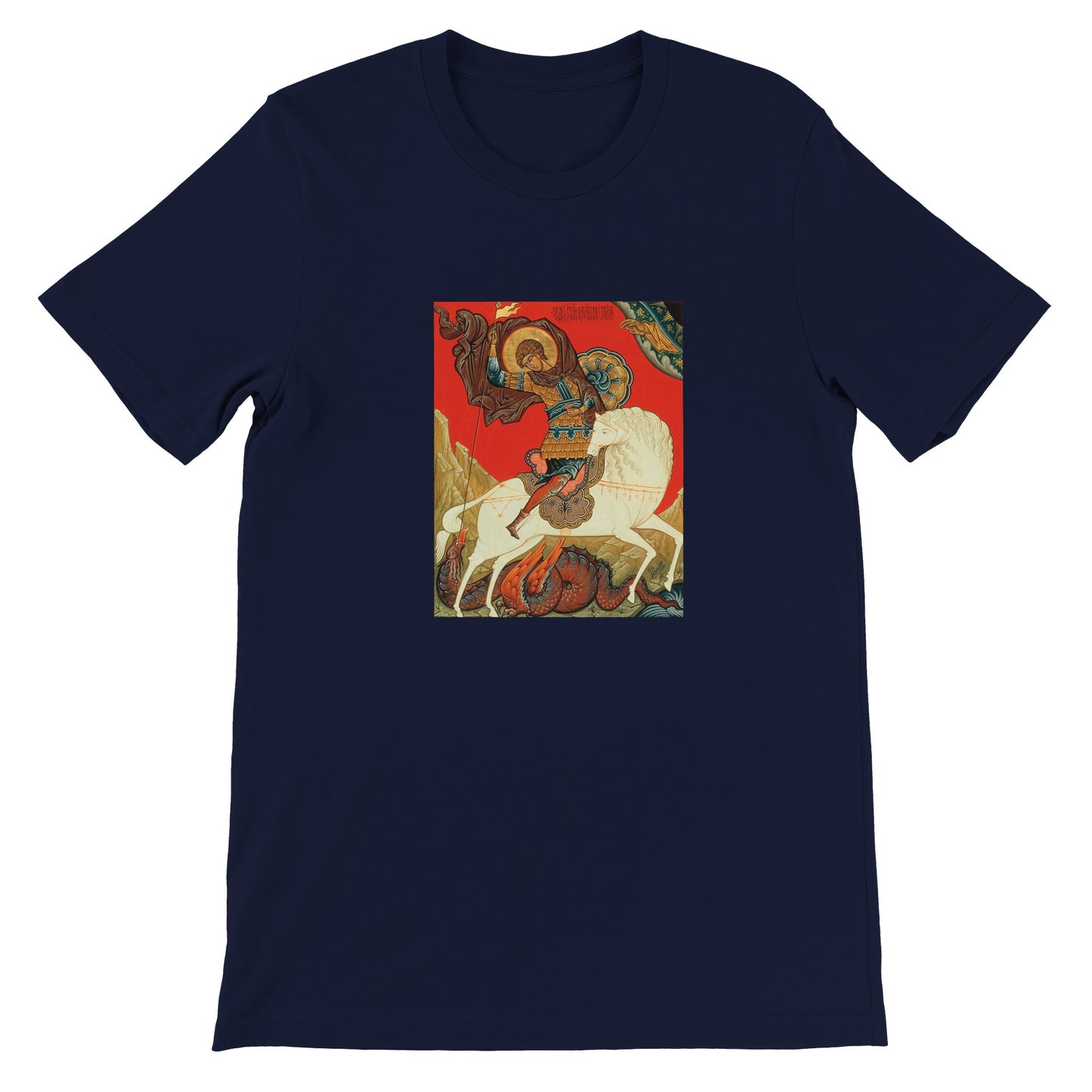 a t - shirt with a painting of a man riding a horse