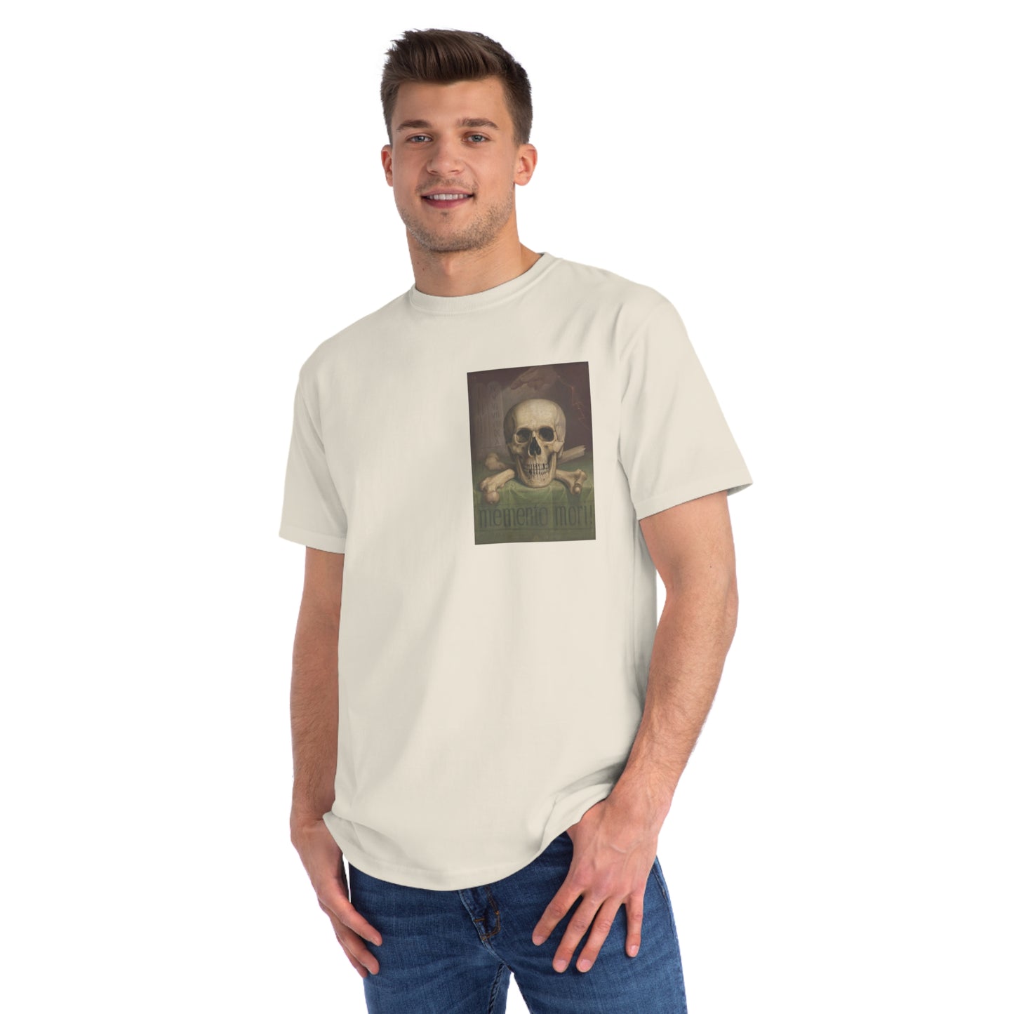 a man wearing a white t - shirt with a picture of a skull on it