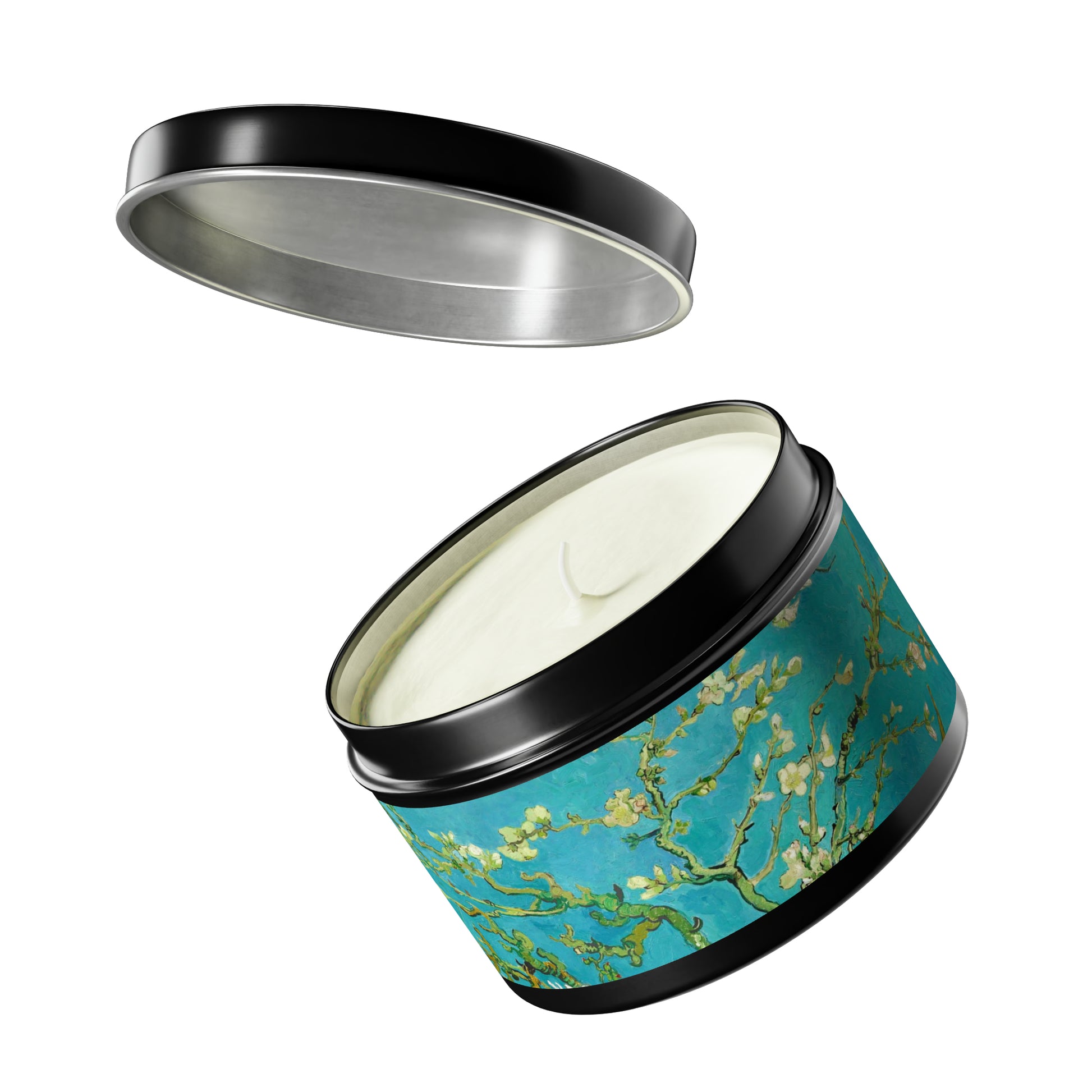 a blue tin with a white candle inside of it