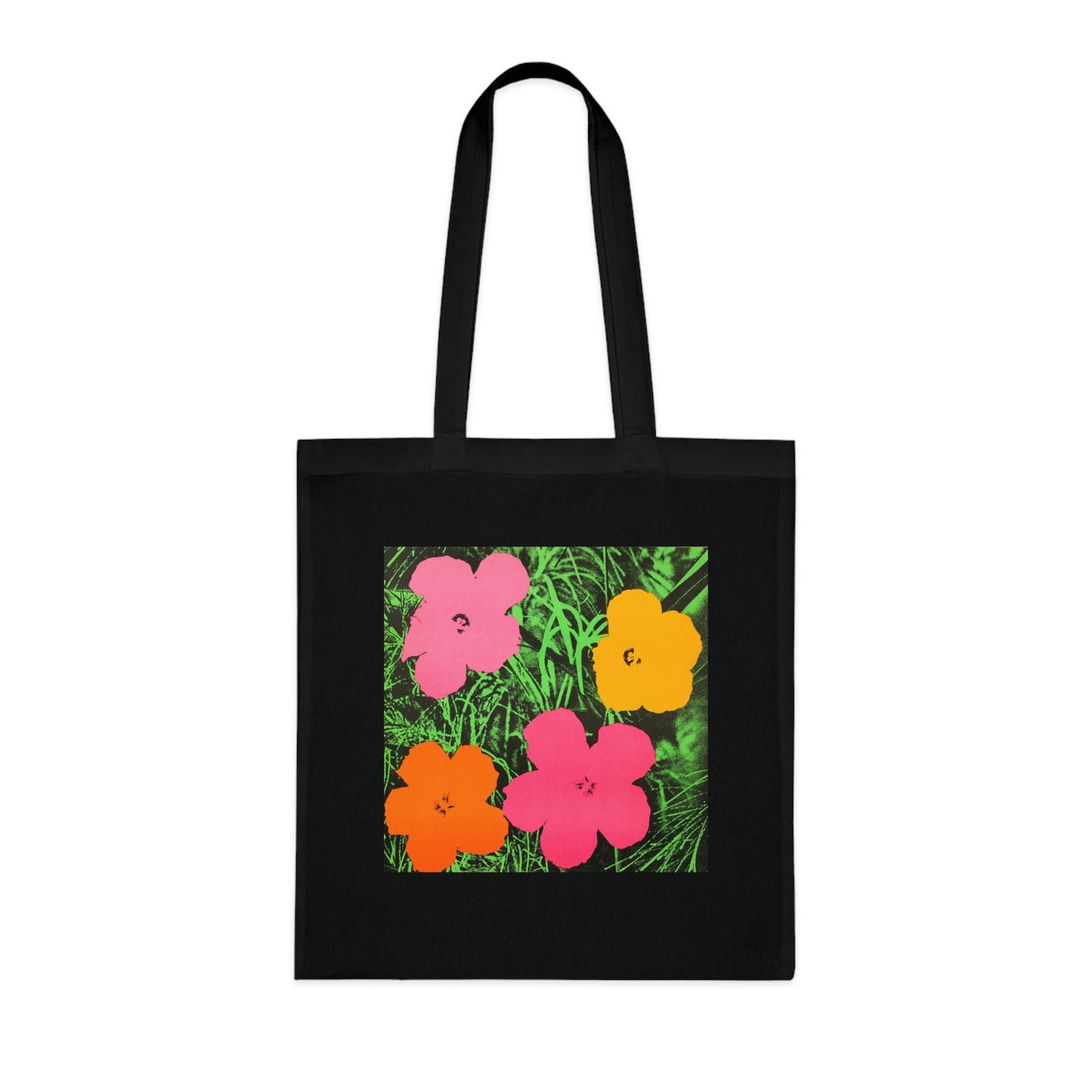 a black tote bag with colorful flowers on it