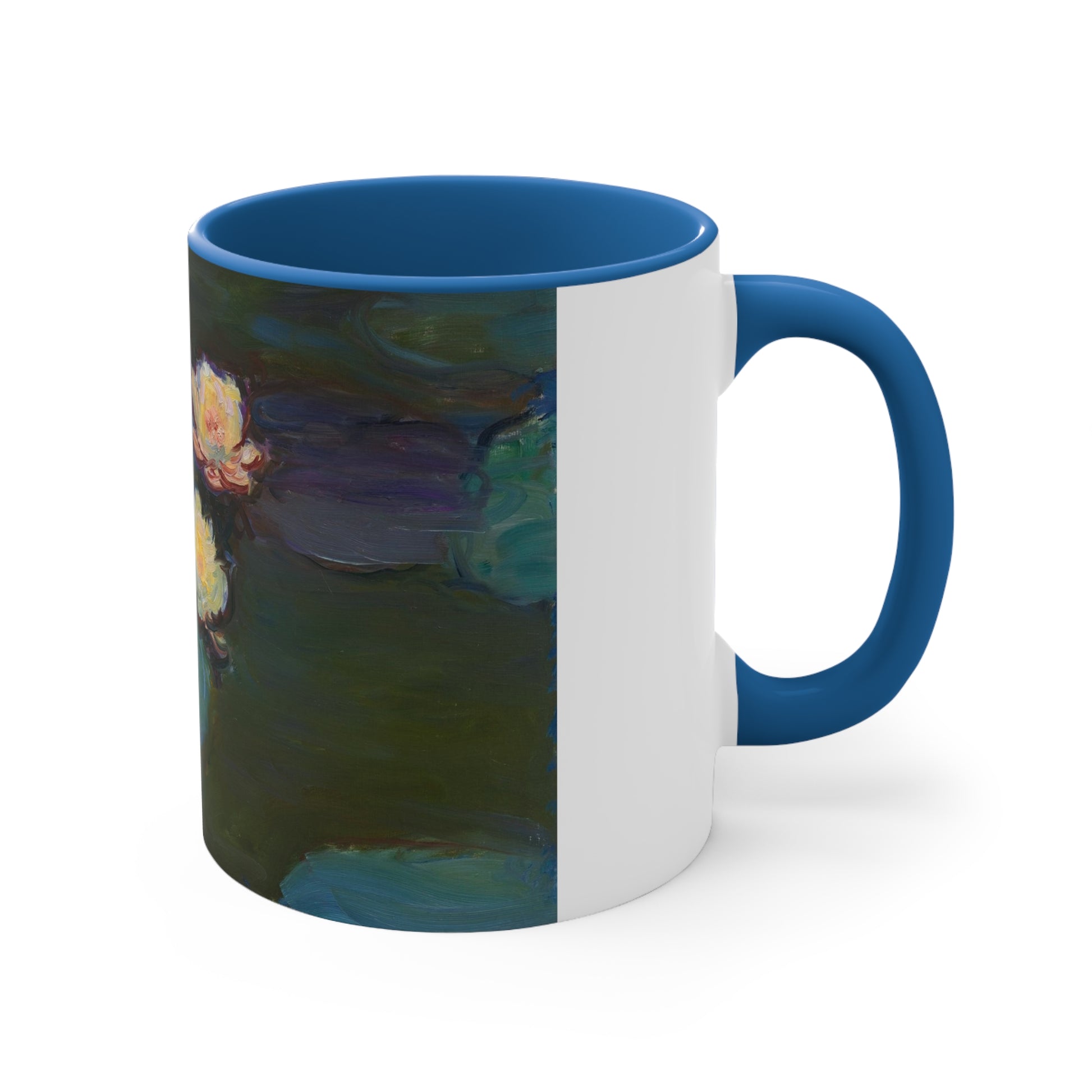 a blue and white coffee mug with a painting of a flower