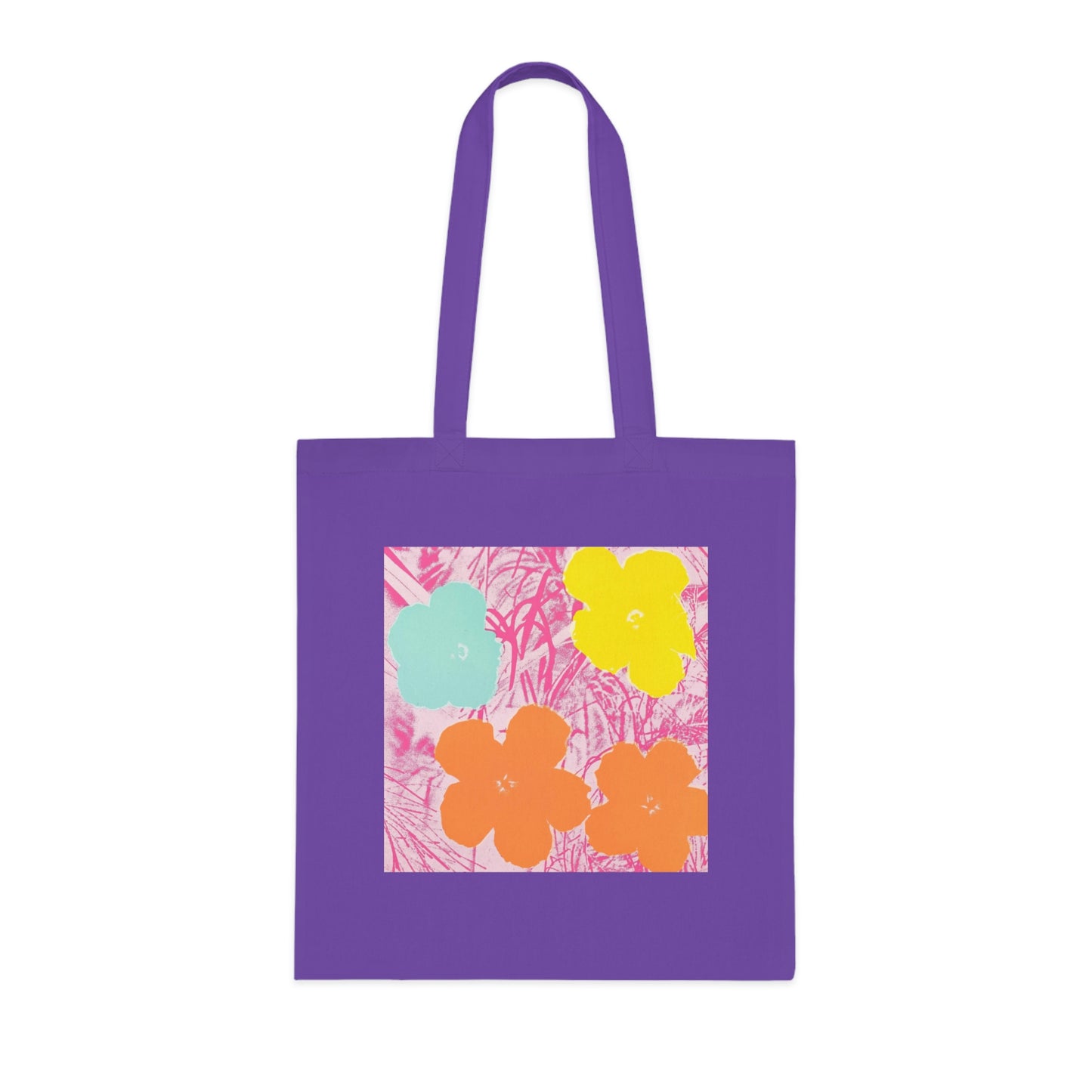 a purple tote bag with flowers on it