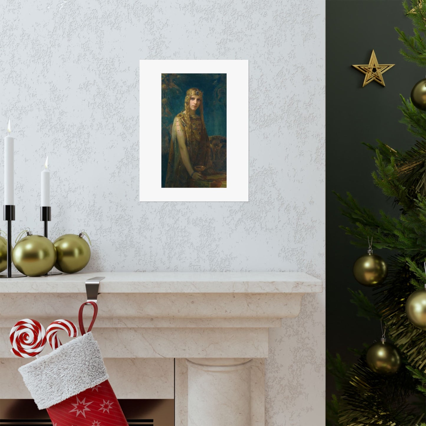 a fireplace with a christmas stocking next to a christmas tree