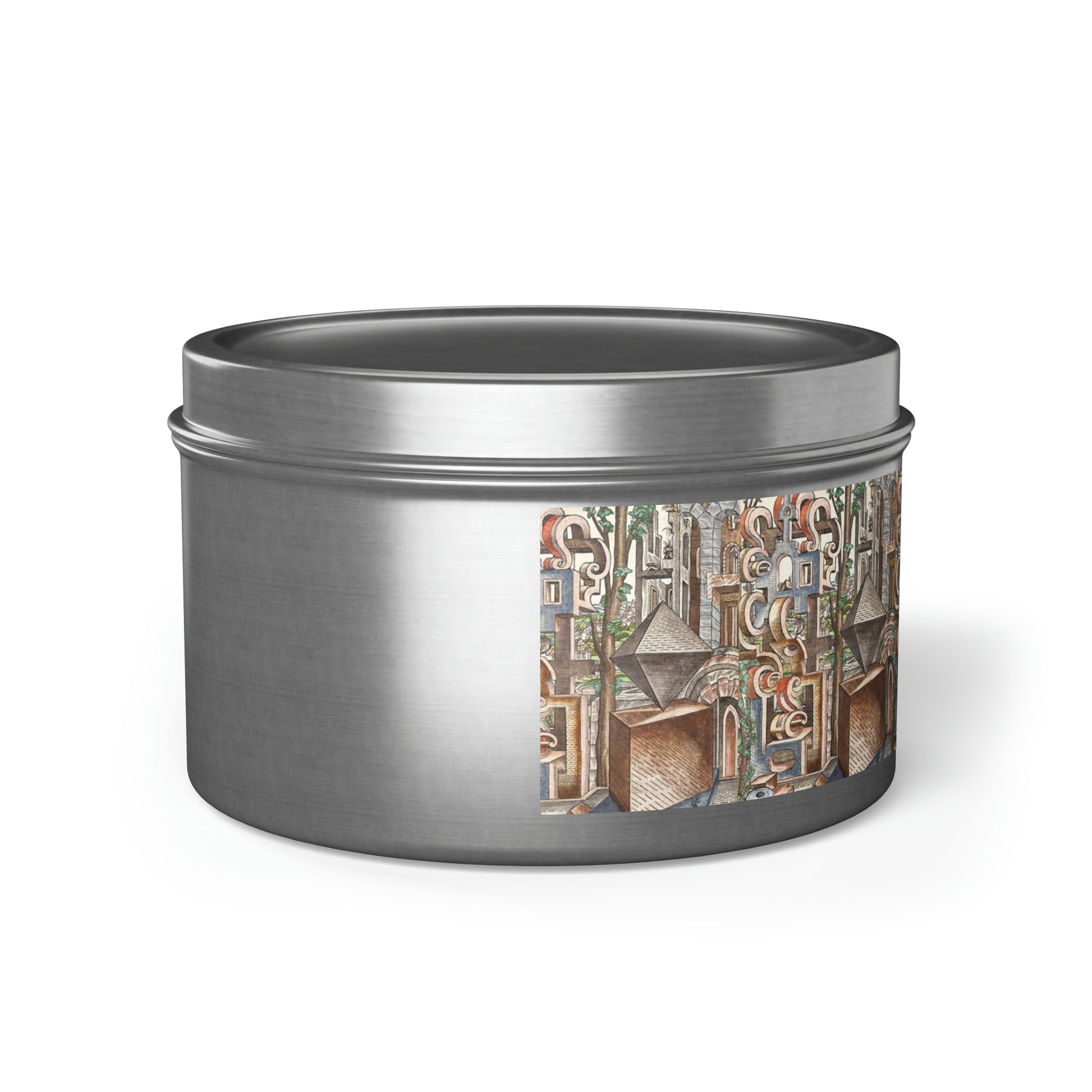 a metal container with a painting on it