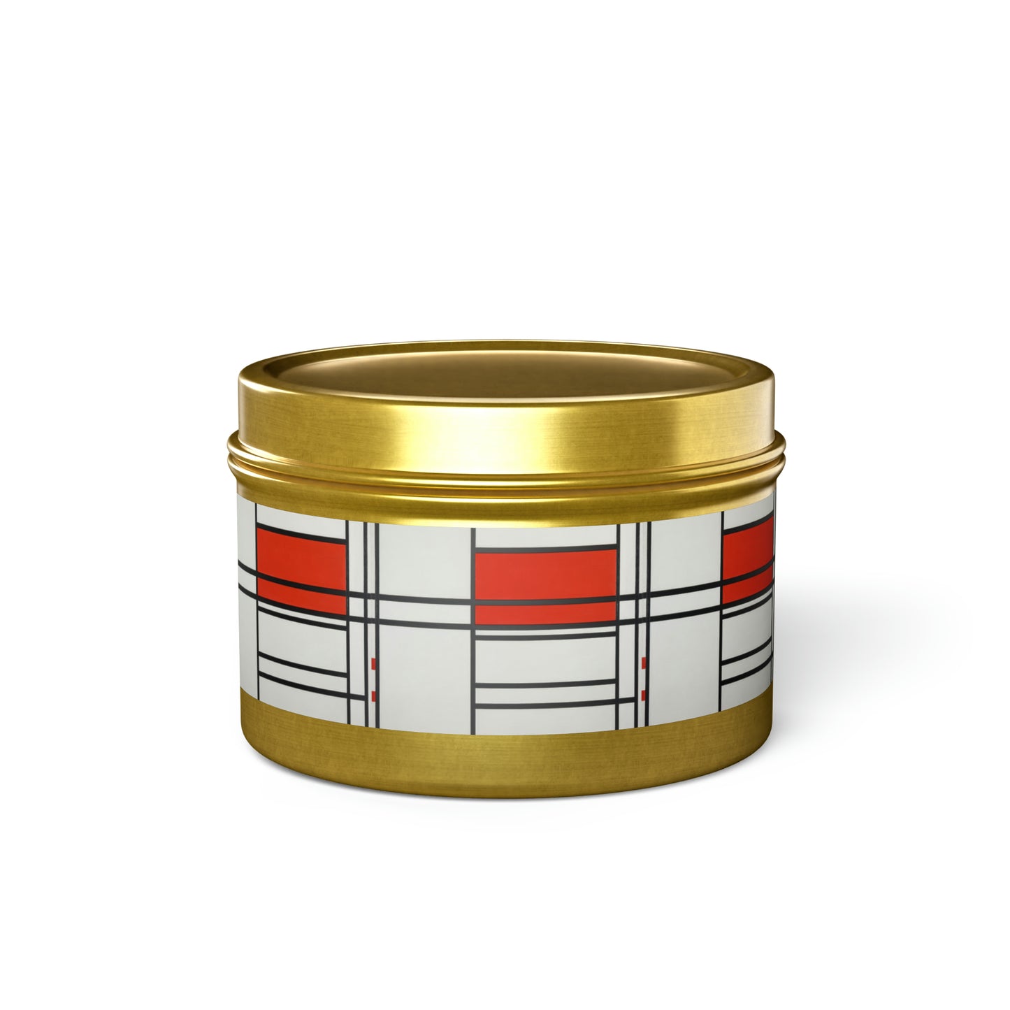 a white and red container with a gold rim