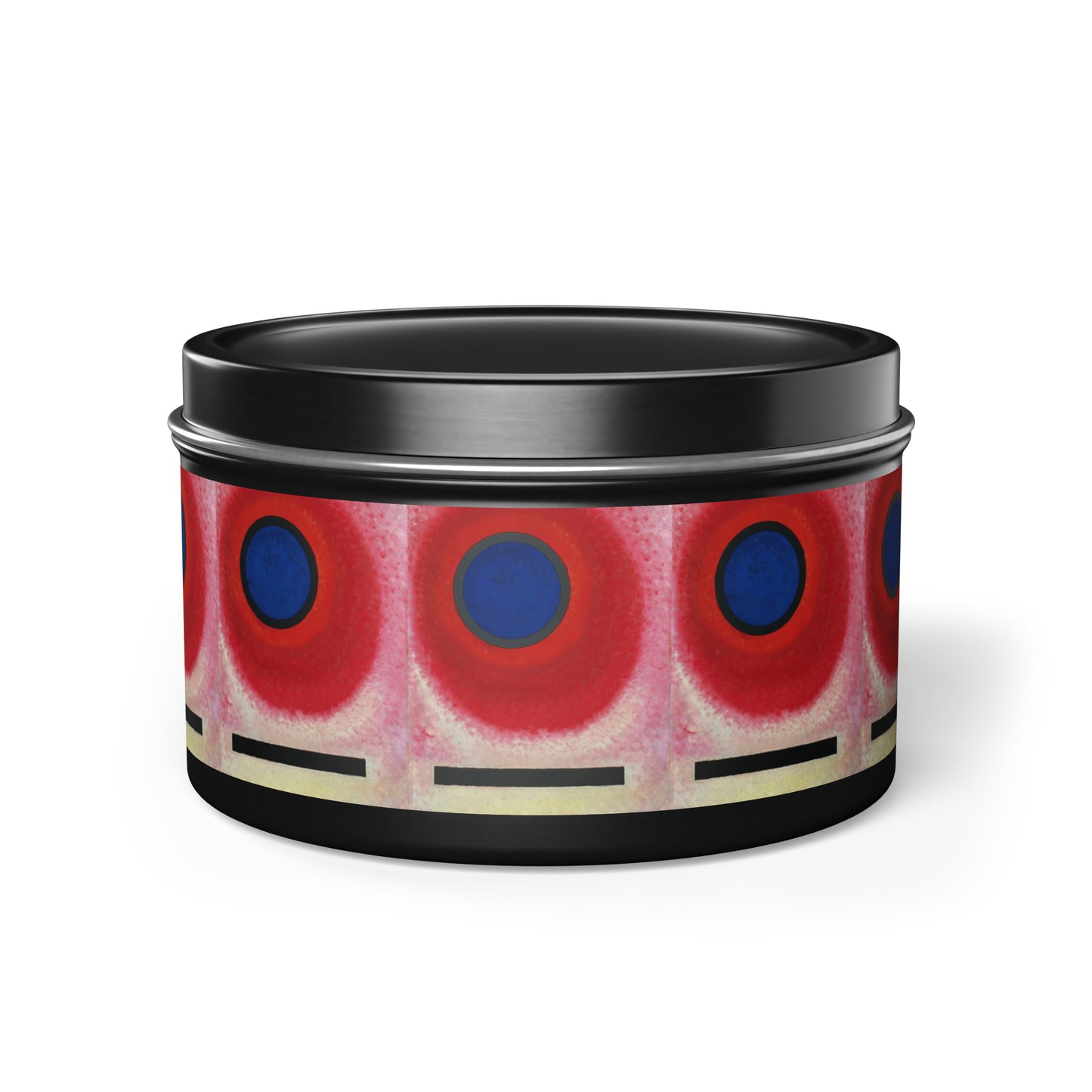 a black tin with a red and blue design on it