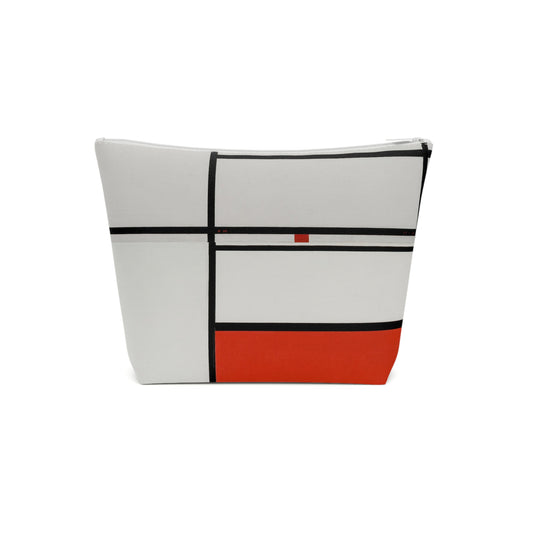 a white bag with red and black stripes