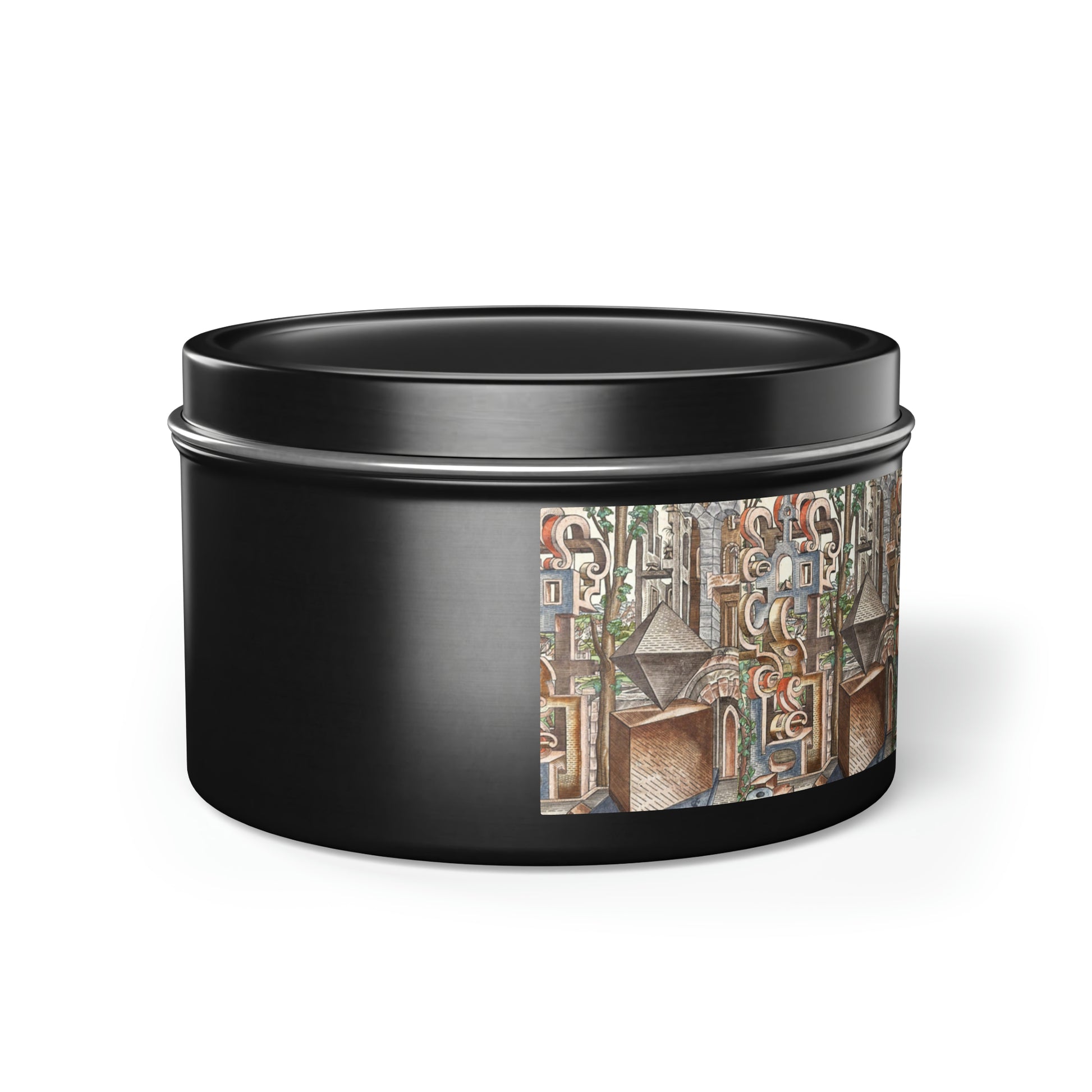 a black tin with a picture of a building on it