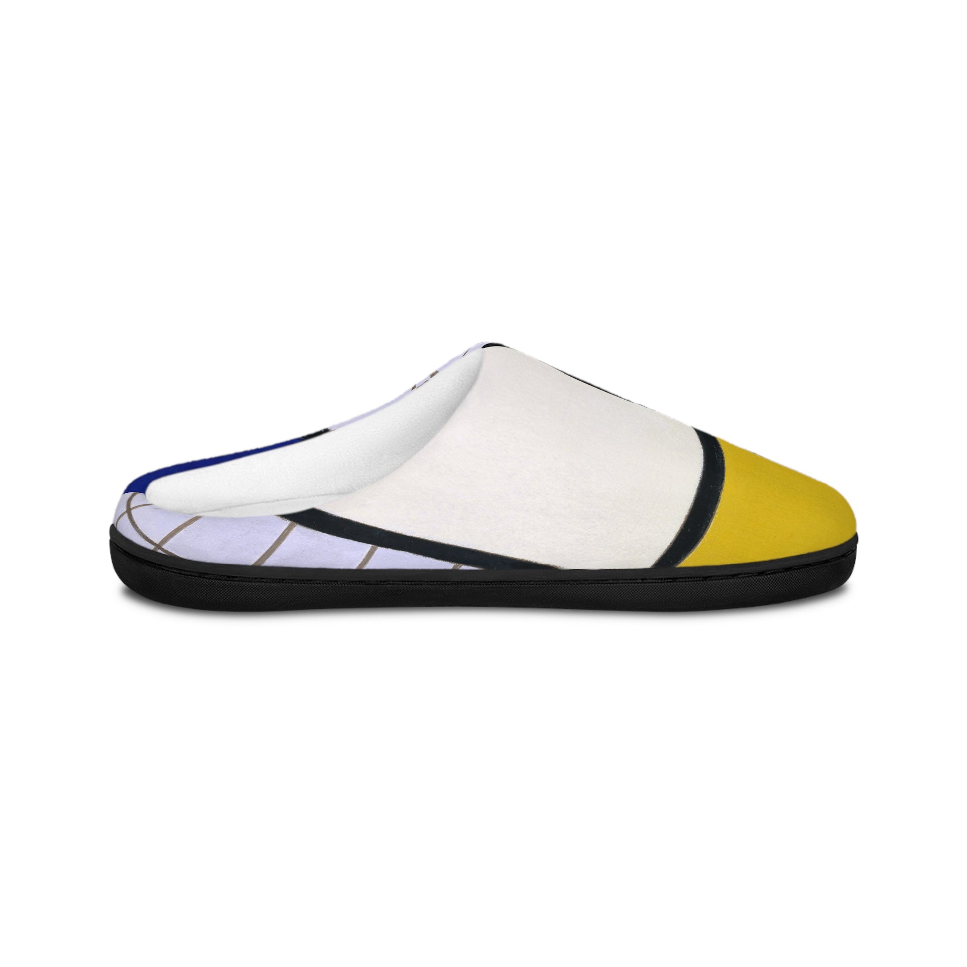 a pair of yellow and white slippers on a white background