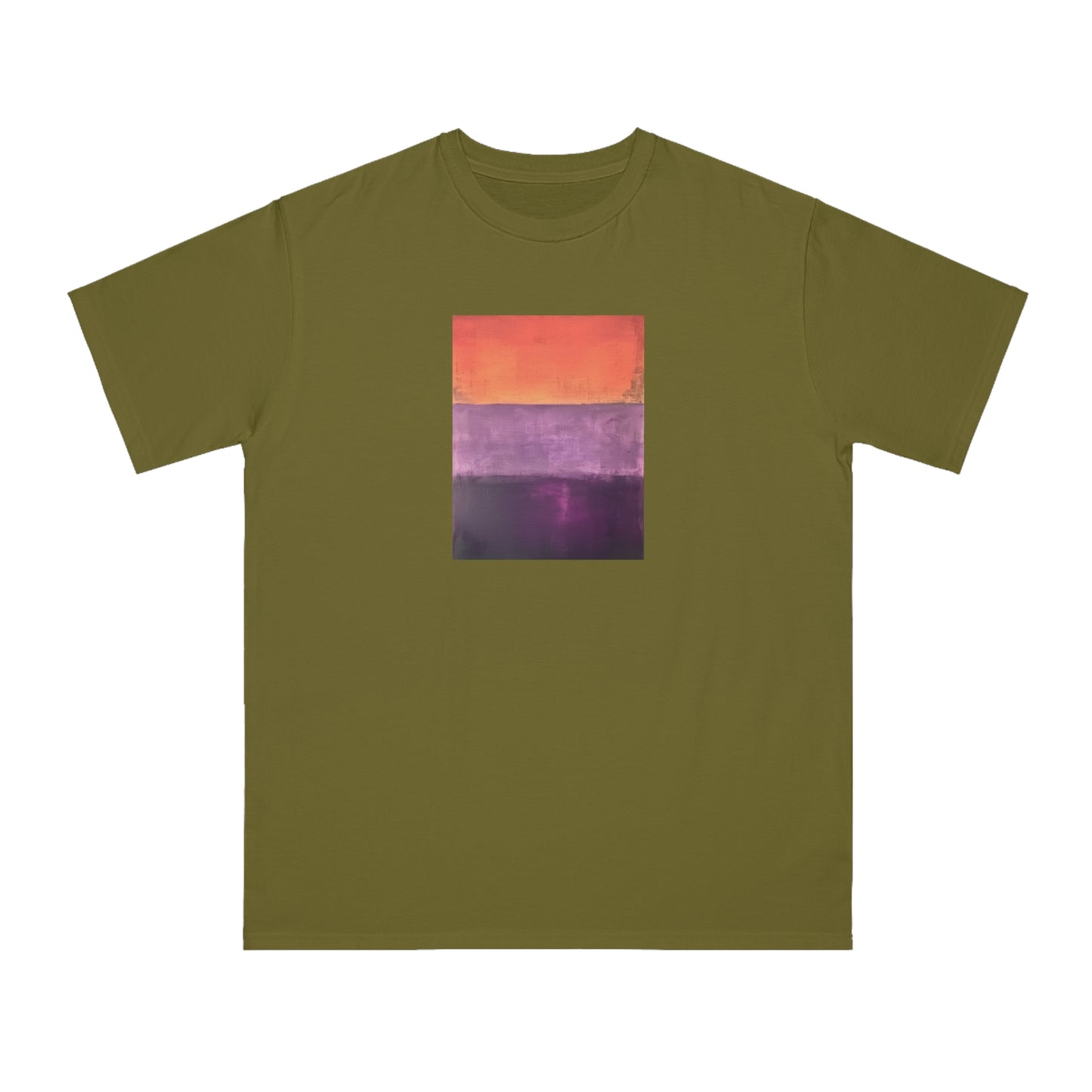 a green t - shirt with an orange and purple painting on it