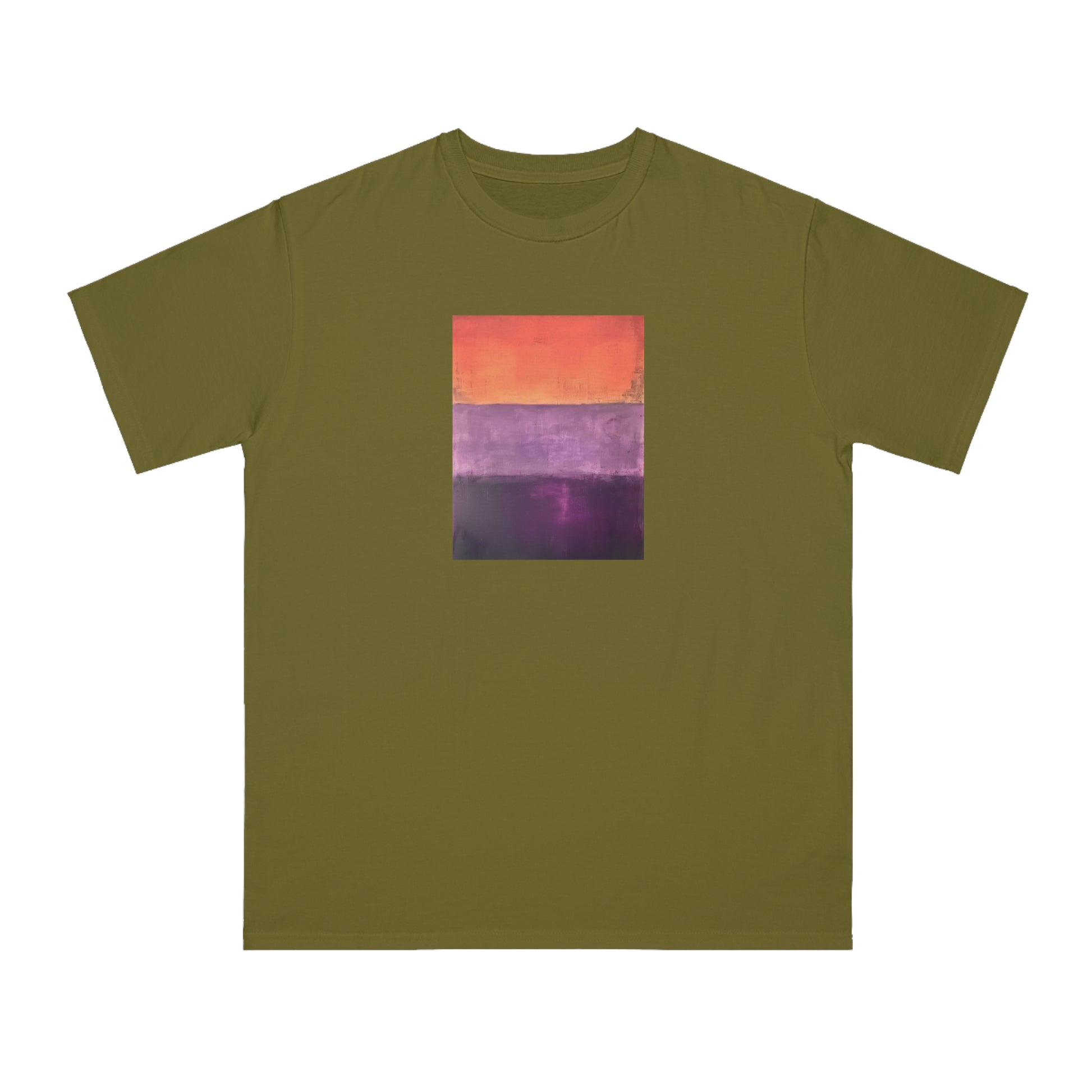 a green t - shirt with an orange and purple painting on it