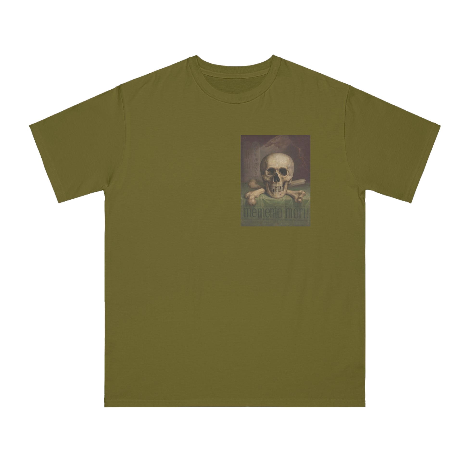 a green t - shirt with a picture of a skeleton
