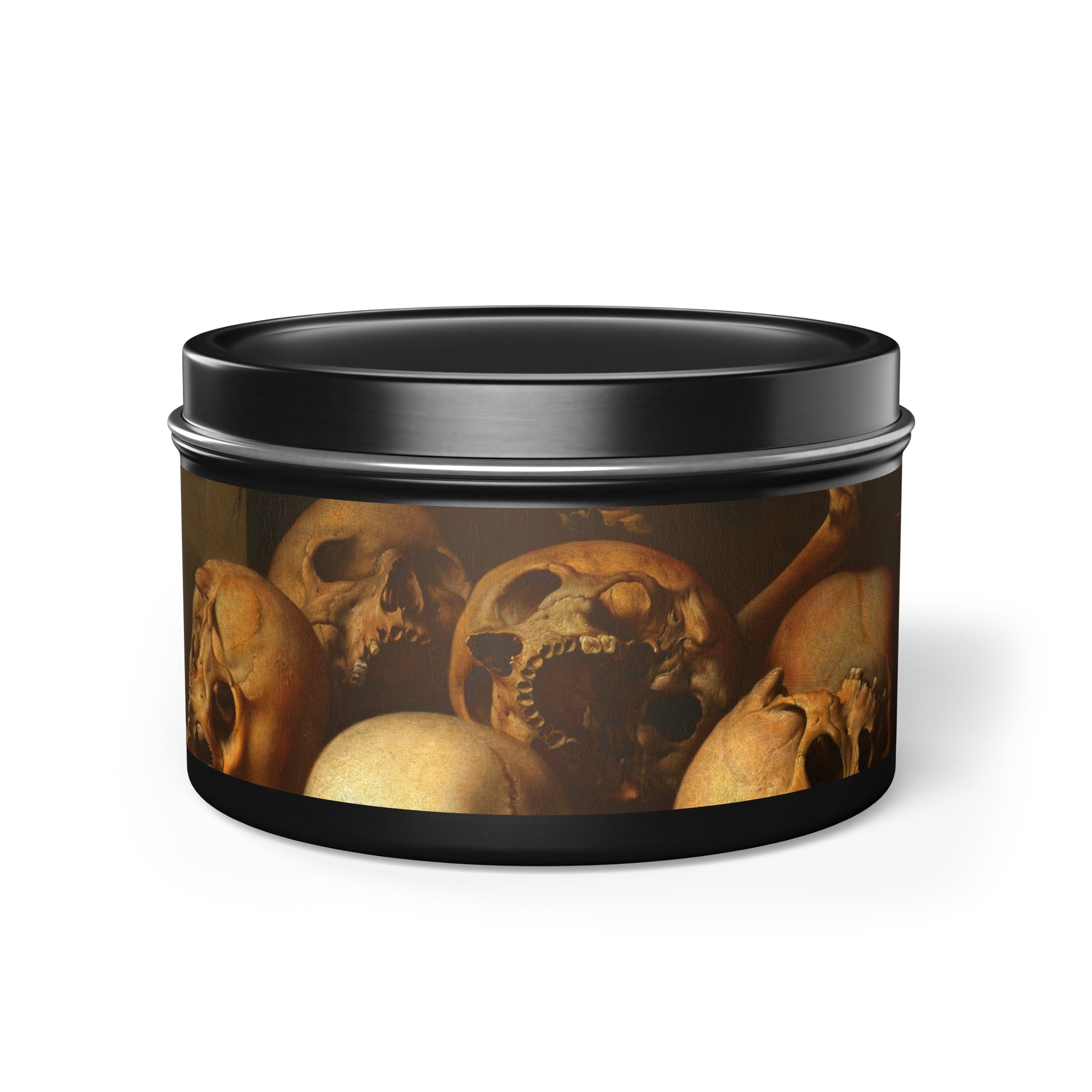 a tin with a picture of skulls on it