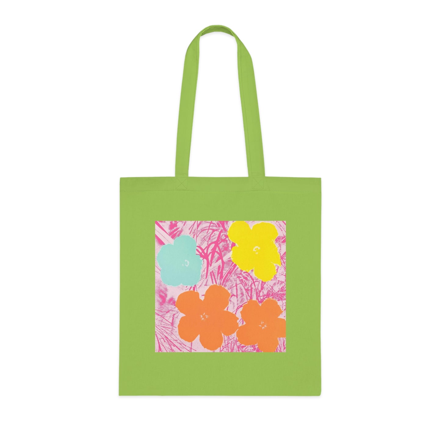 a green tote bag with flowers on it