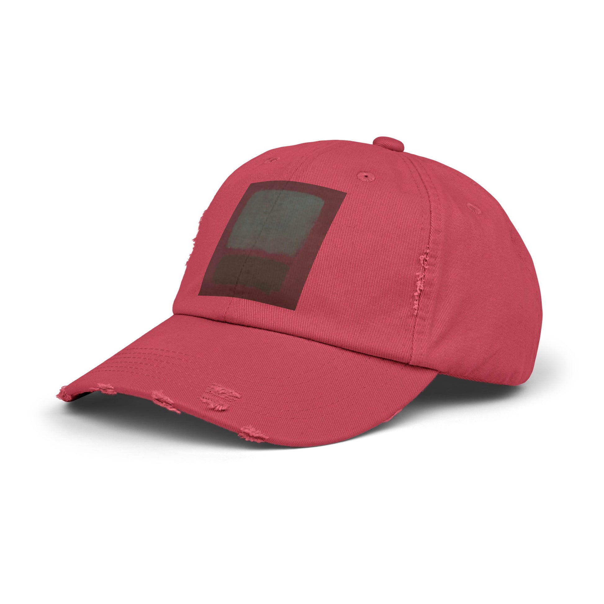 a red hat with a black patch on the front of it