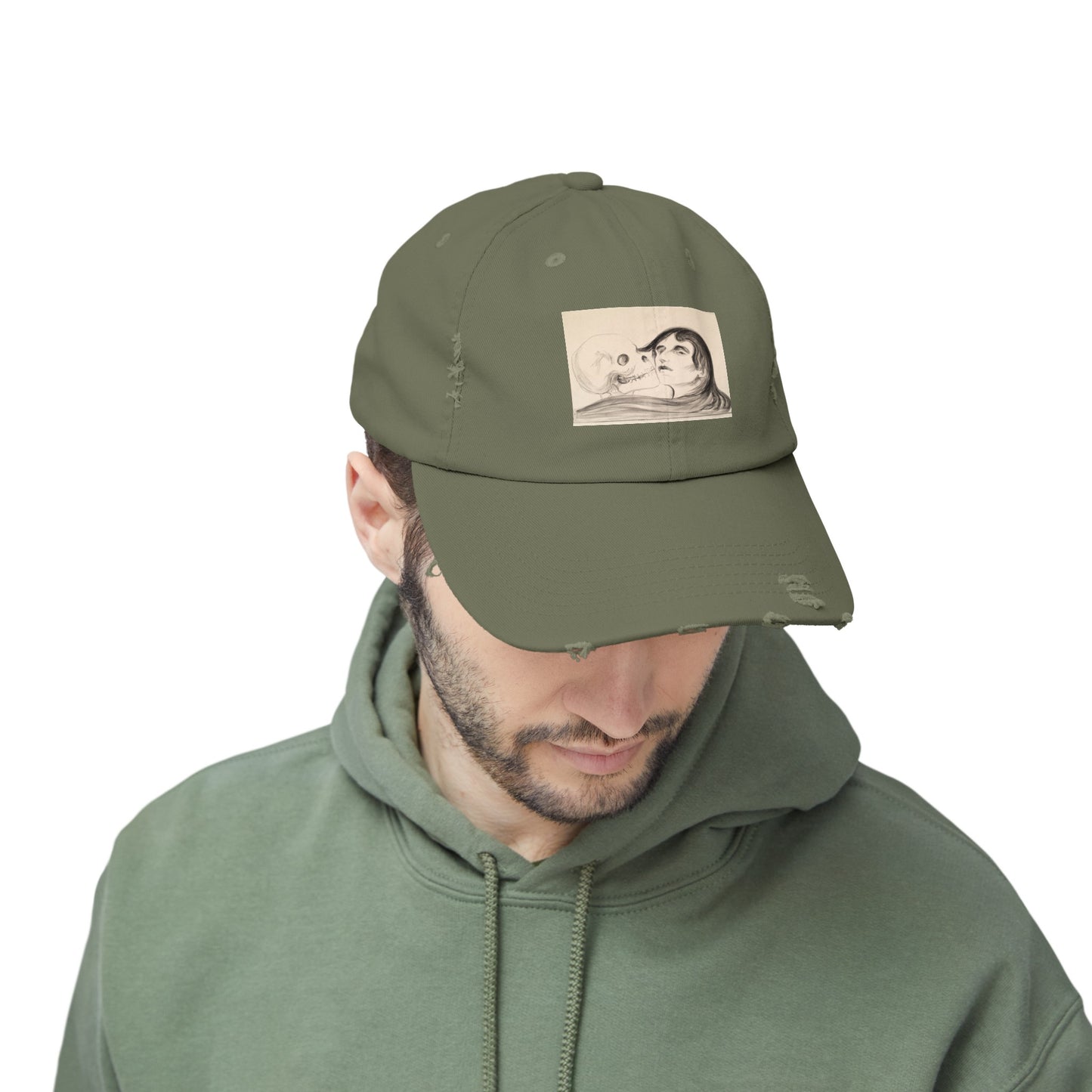 a man wearing a green hat with a picture on it