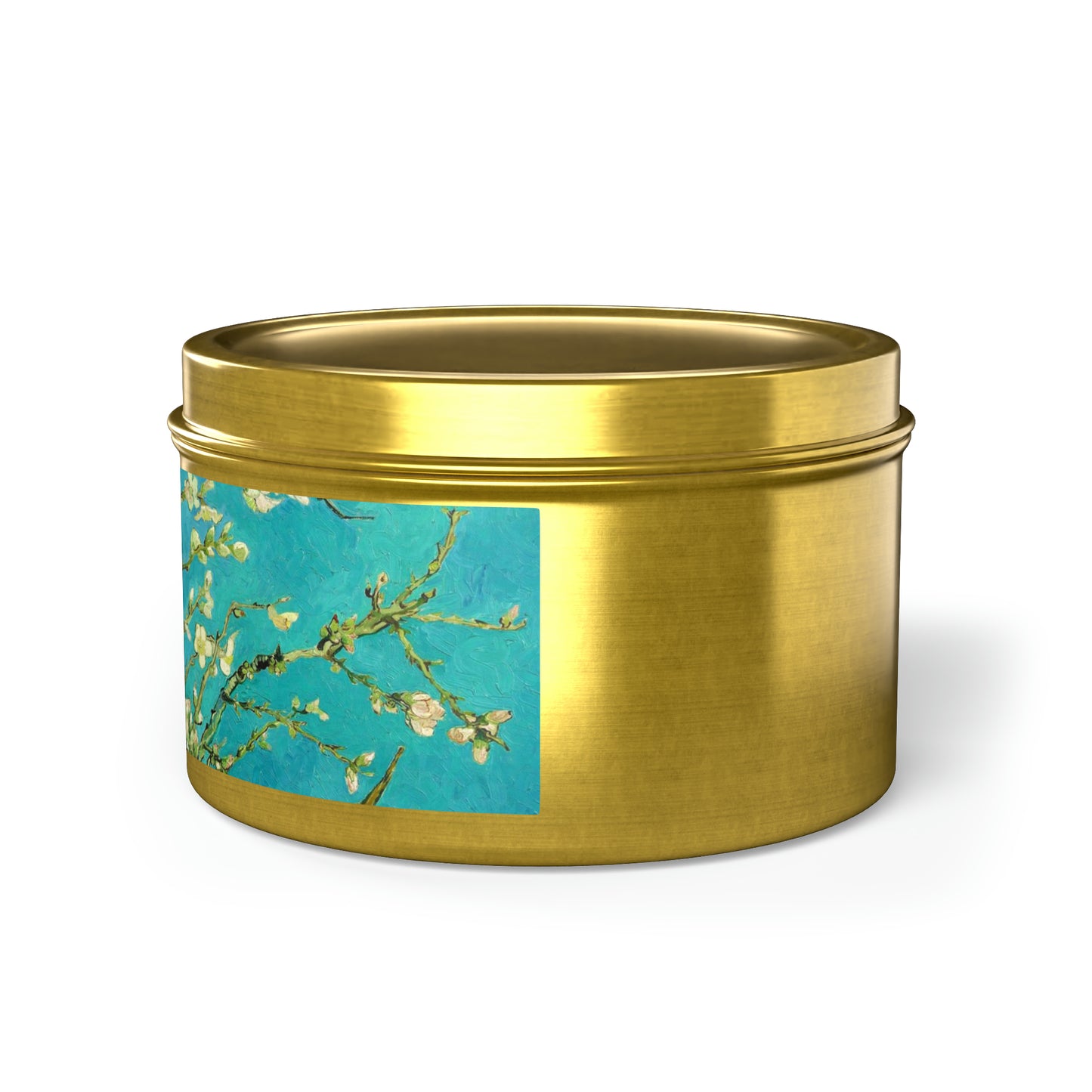 a tin with a picture of a blossoming tree on it