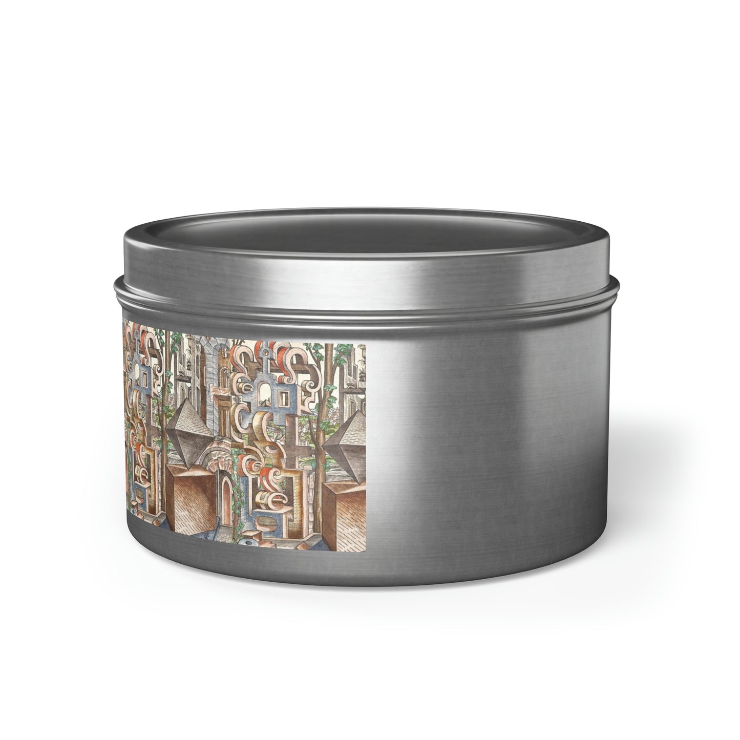 a tin with a picture of a city on it