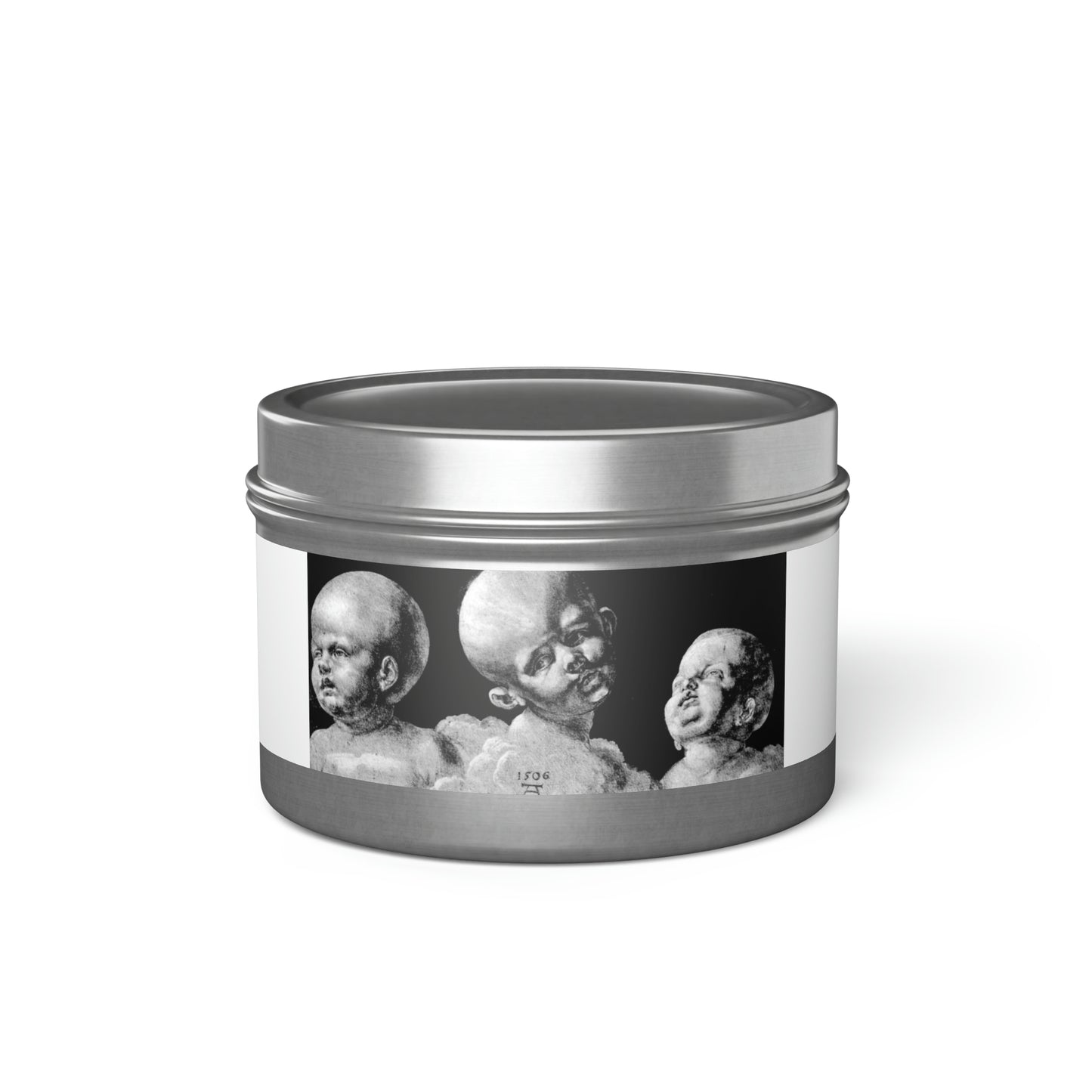 a tin with a picture of three heads on it