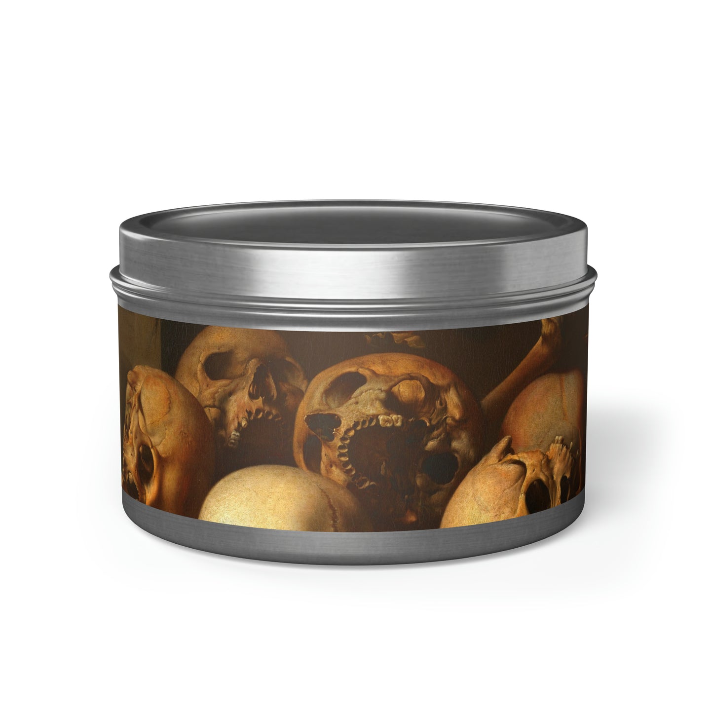 a tin with a picture of skulls in it