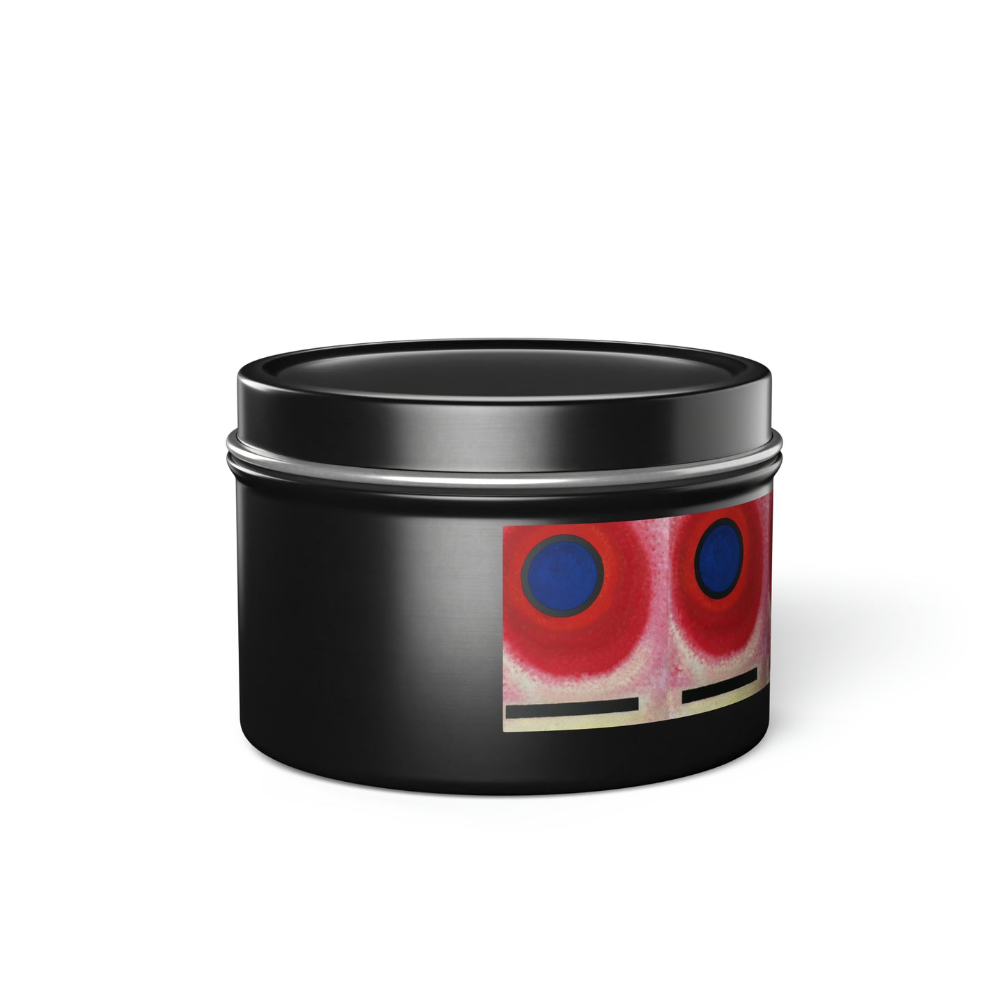 a black container with a red and blue design on it