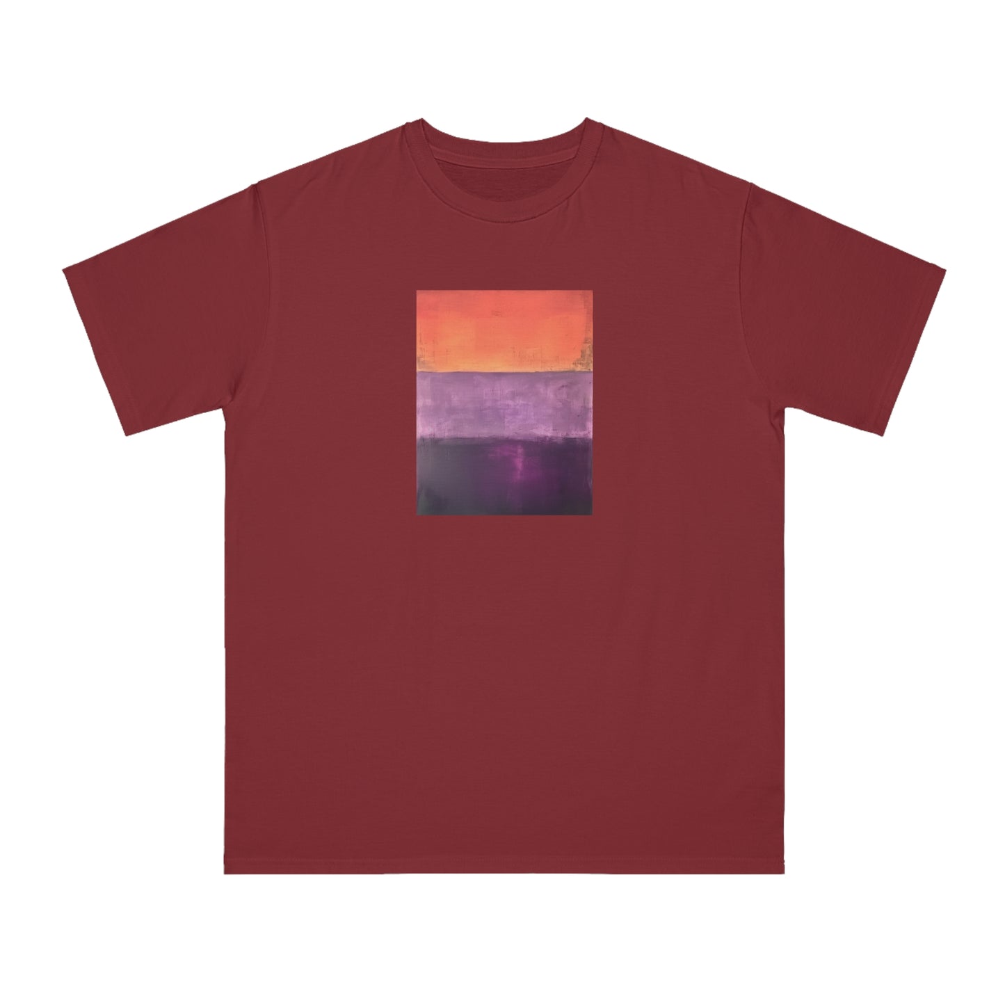 a red t - shirt with an orange and purple painting on it