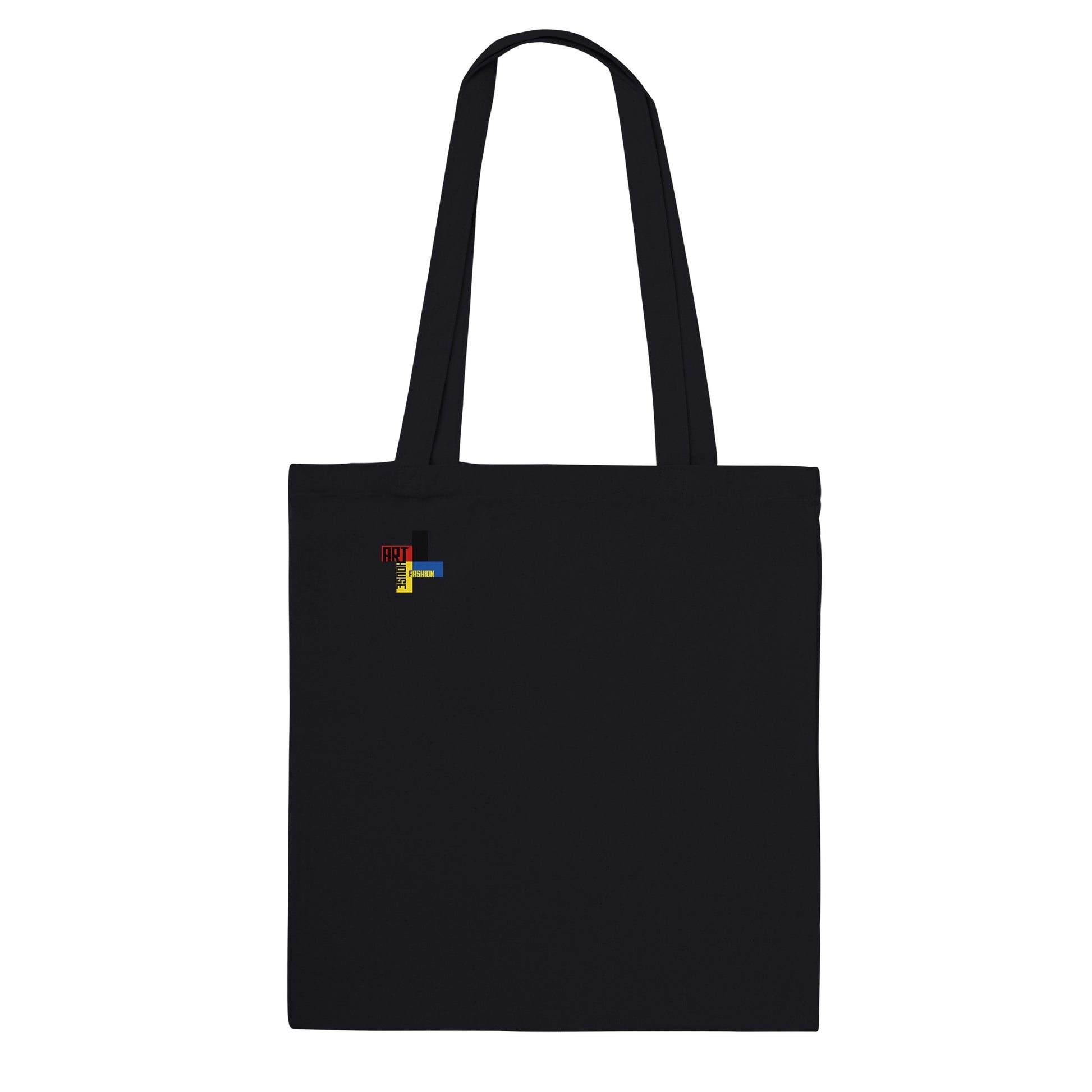 a black tote bag with a rainbow logo