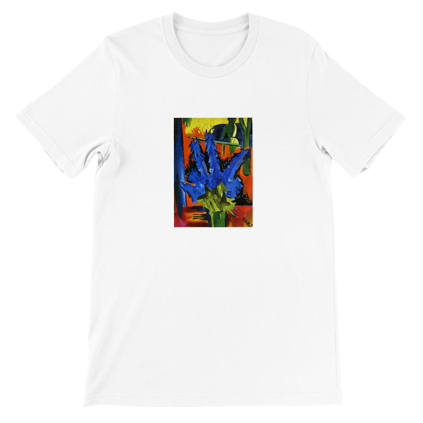 a white t - shirt with a painting of blue flowers