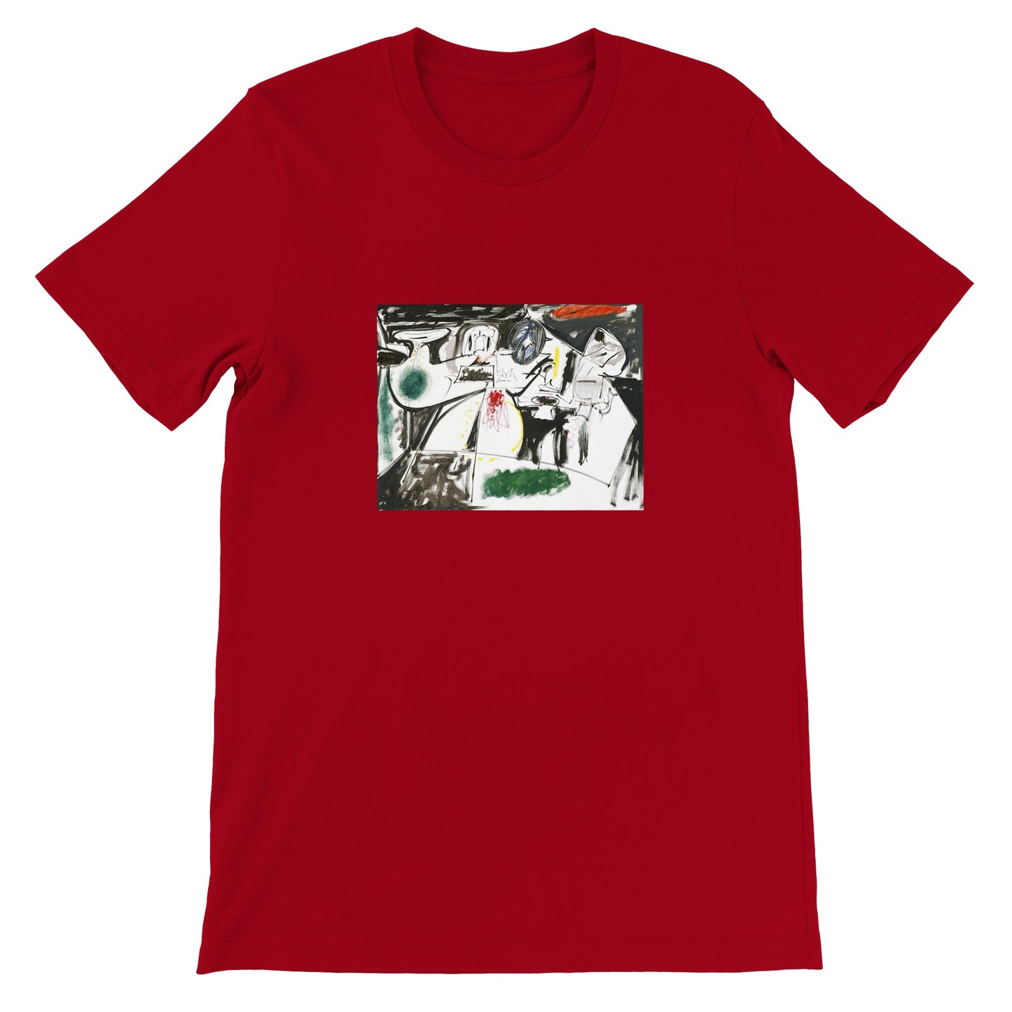 a red t - shirt with a picture of a man and a woman