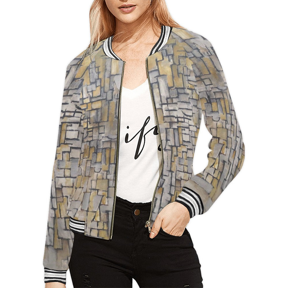 a woman wearing a jacket with a pattern on it