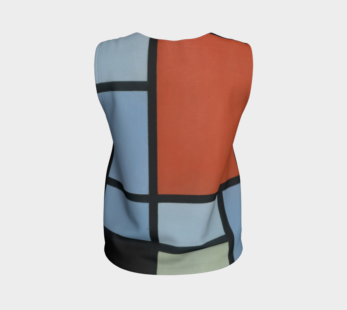 a women's top with an orange, blue, and black design