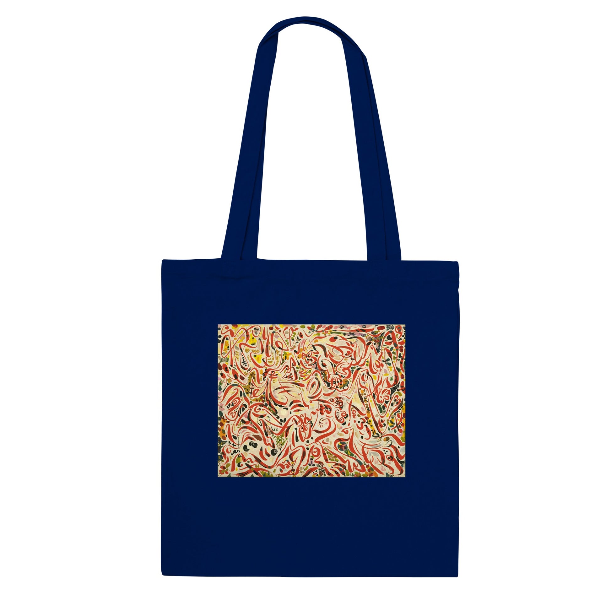 a blue tote bag with a painting of swirls on it