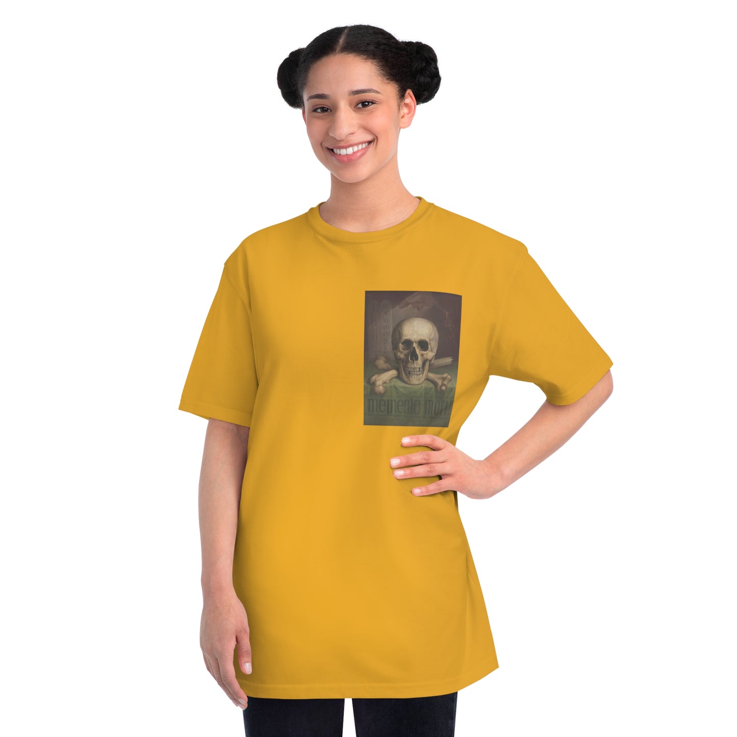 a woman wearing a yellow t - shirt with a picture of a skeleton on it
