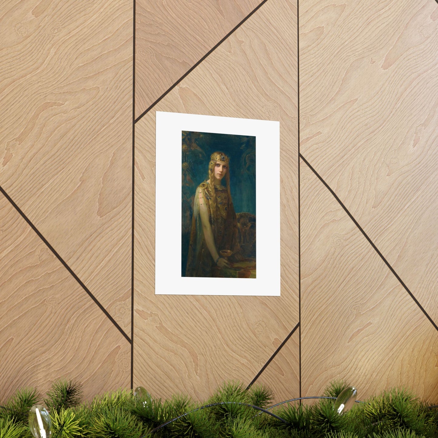 a picture of a woman is hanging on a wall