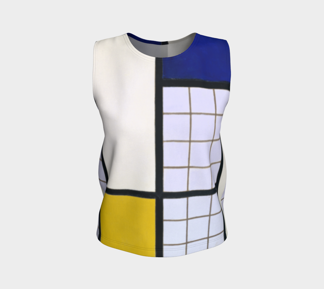 a white tank top with a blue, yellow and black design