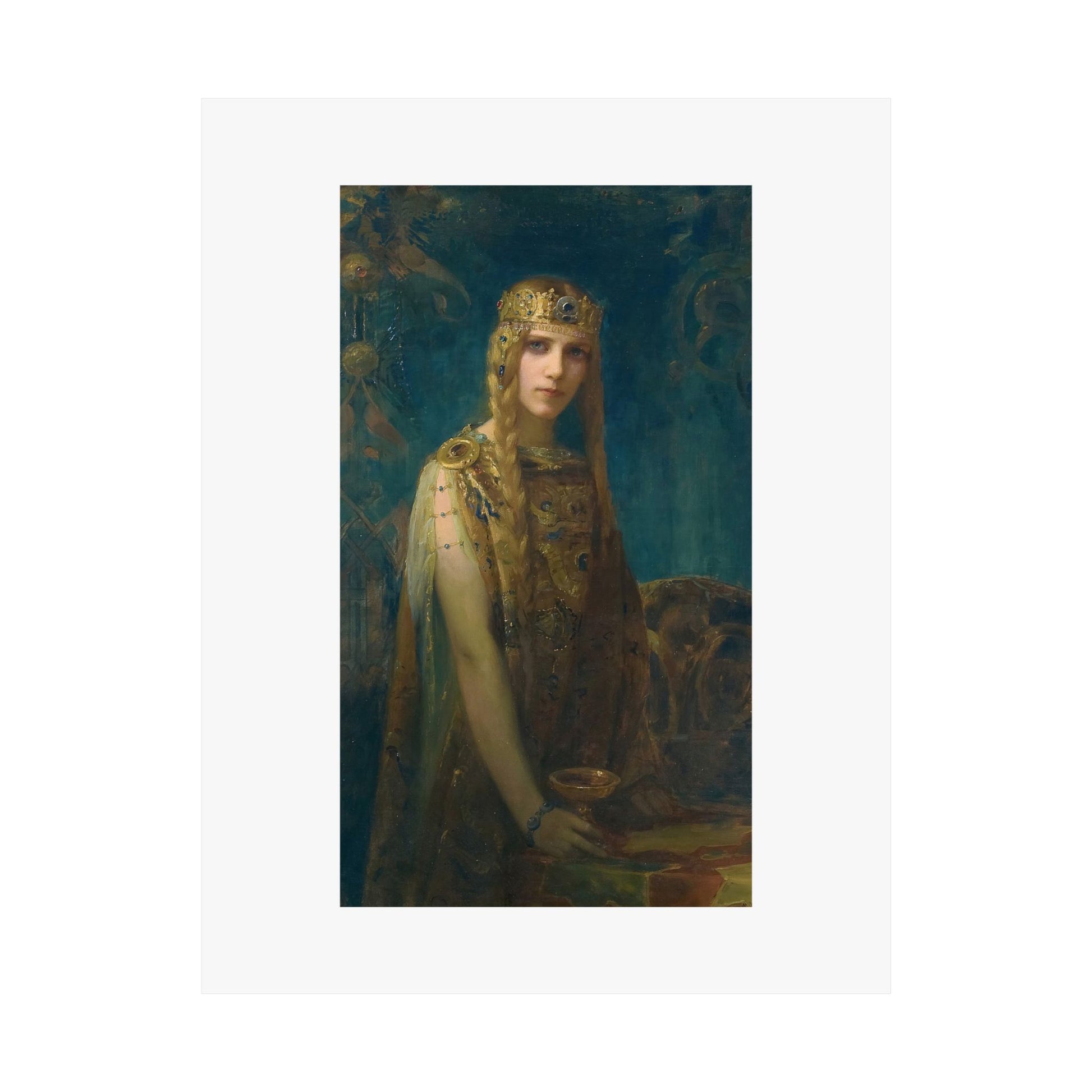 a painting of a woman in a gold dress