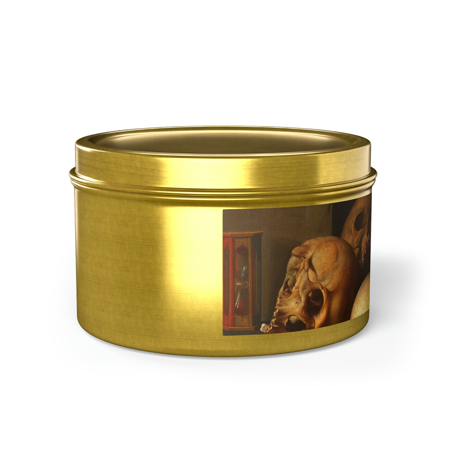 a gold tin with a picture of a dog on it