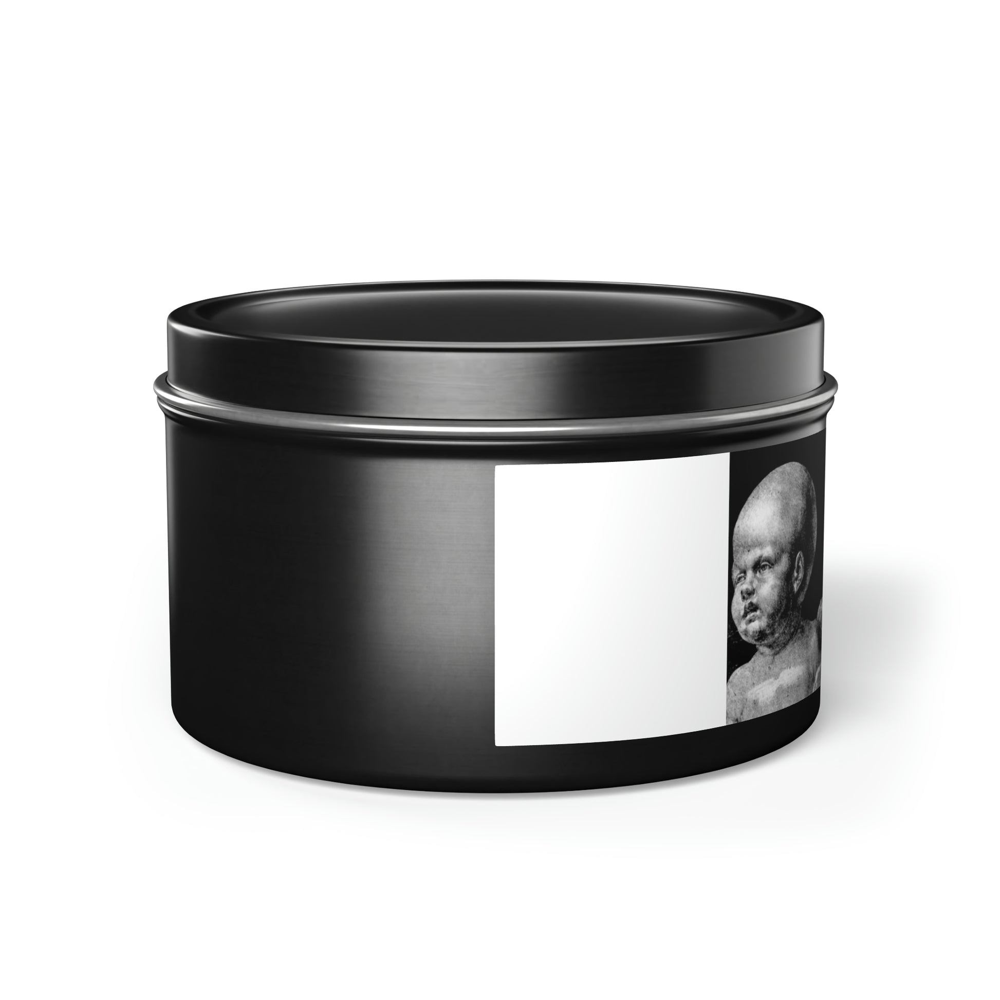 a black container with a picture of a man on it