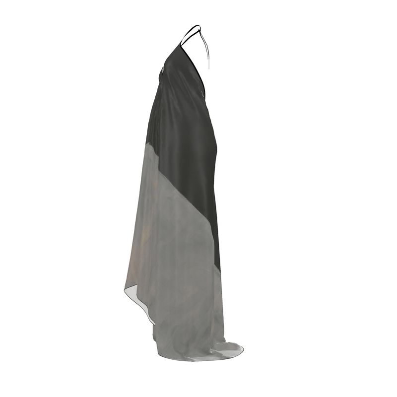 a black and grey dress hanging on a hanger