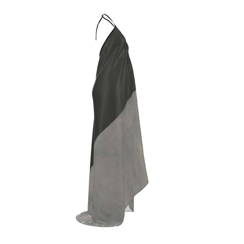 a black and grey dress on a hanger