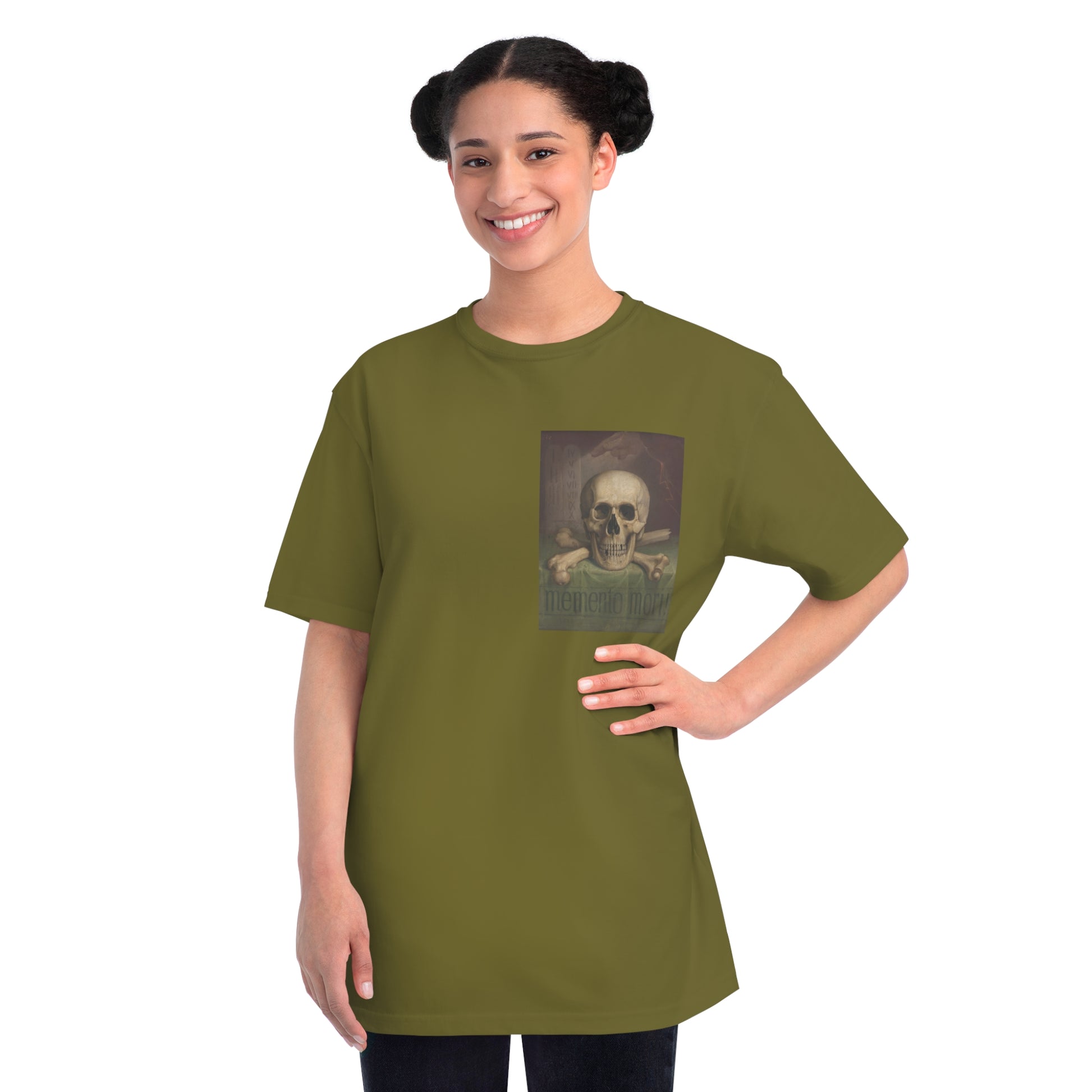 a woman wearing a green t - shirt with a picture of a skeleton on it