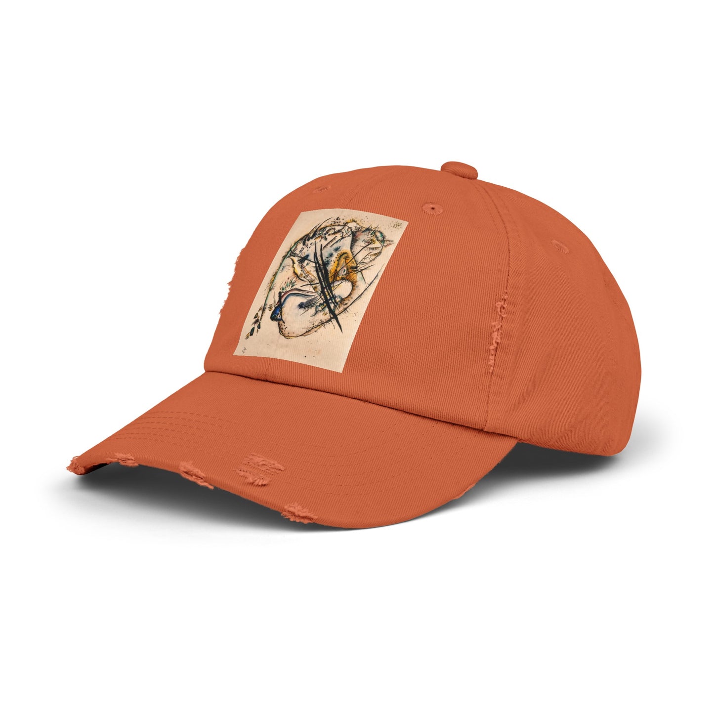 an orange hat with a picture of a bird on it