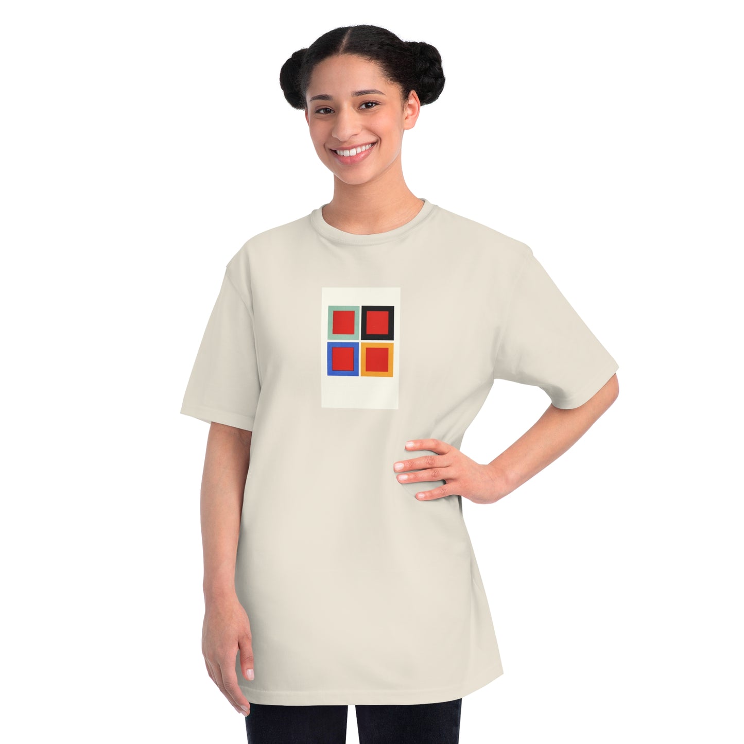 a woman wearing a white t - shirt with a colorful square on it