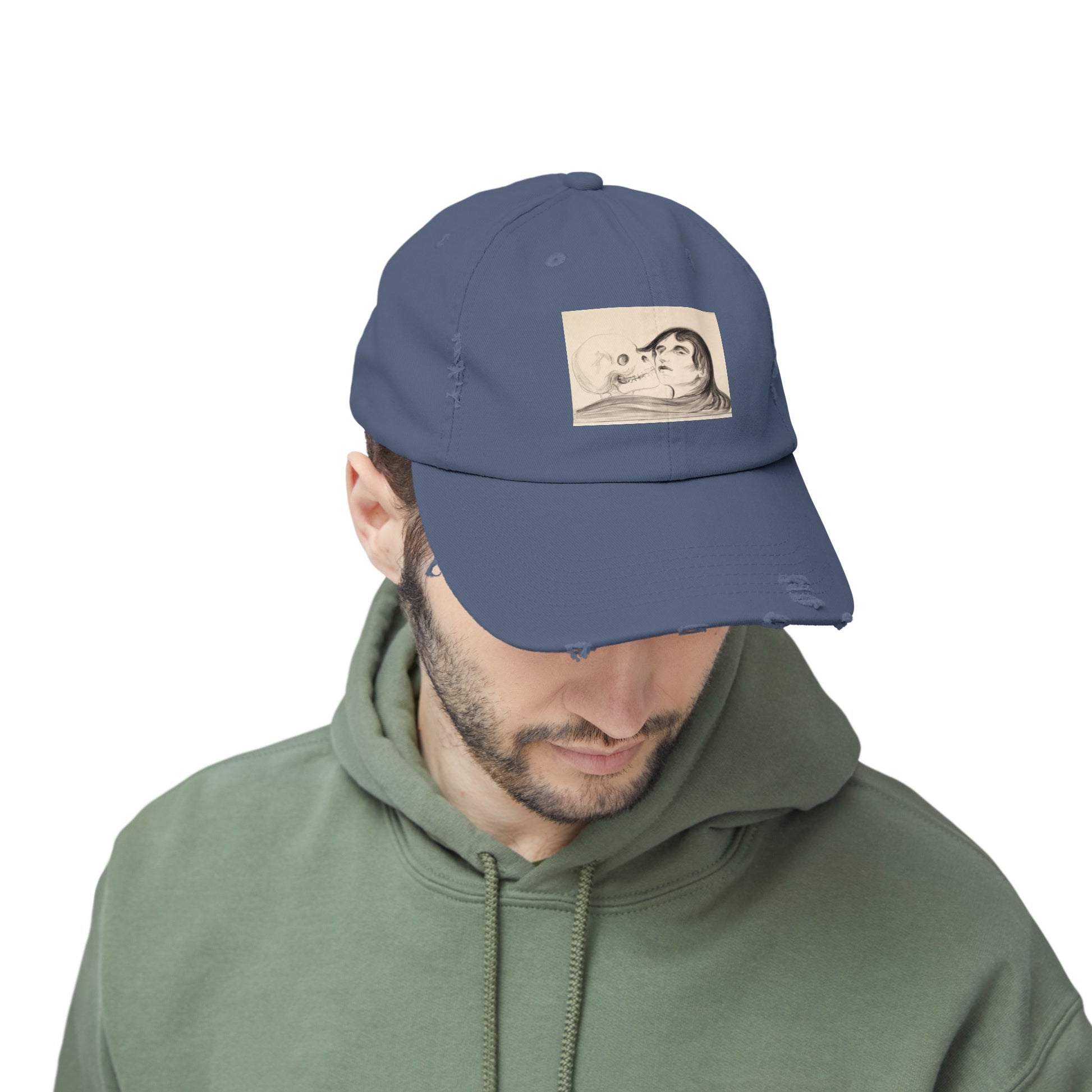 a man wearing a hat with a picture on it