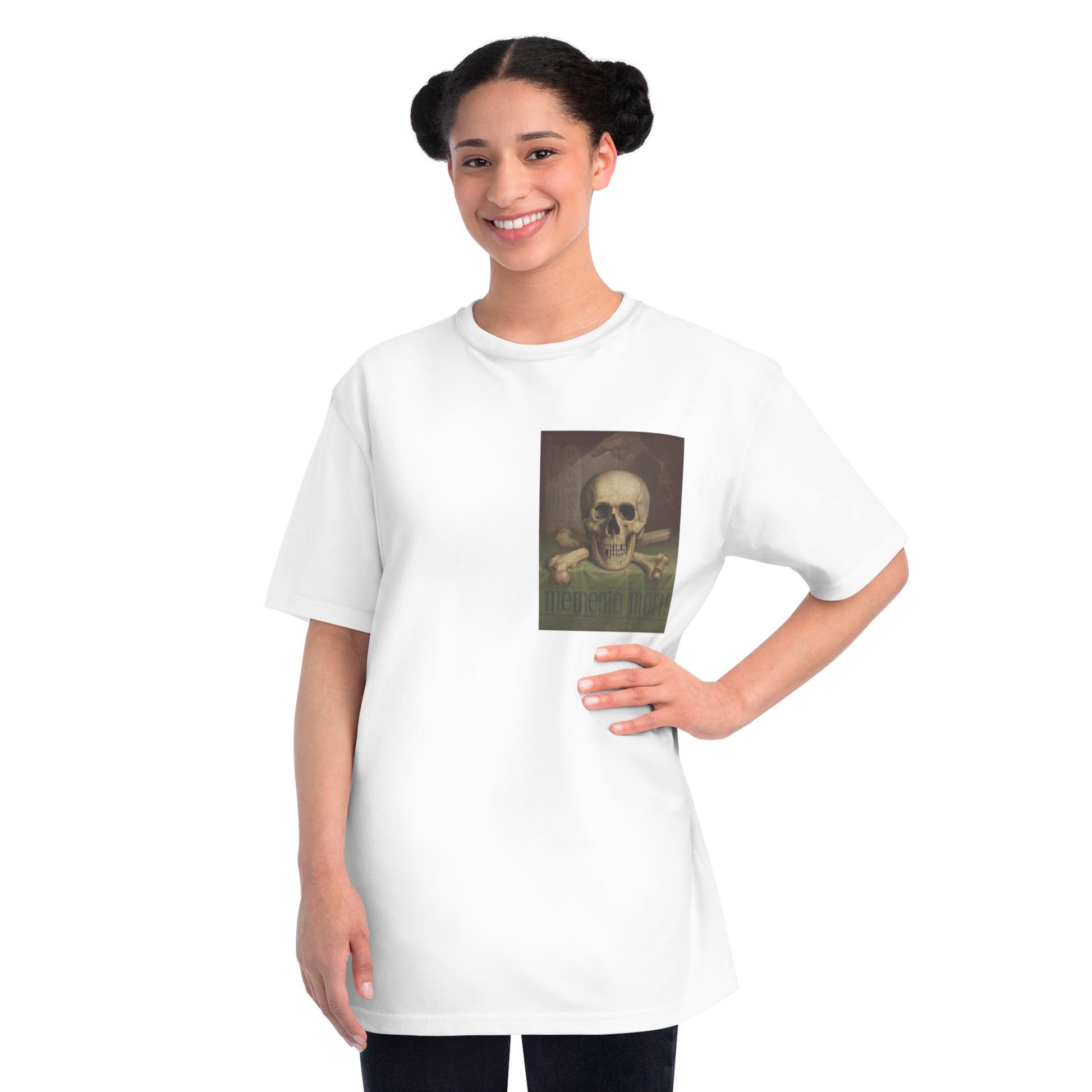 a woman wearing a white t - shirt with a picture of a skeleton on it